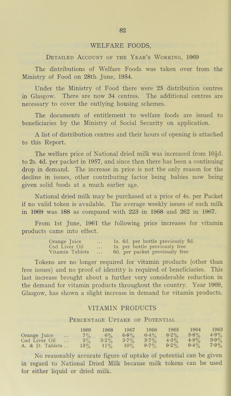 WELFARE FOODS, Detailed Account of the Year’s Working, 1969 The distributions of Welfare Foods was taken over from the Ministry of Food on 28th June, 1954. Under the Ministry of Food there were 25 distribution centres in Glasgow. There are now 34 centres. The additional centres are necessary to cover the outlying housing schemes. The documents of entitlement to welfare foods are issued to beneficiaries by the Ministry of Social Security on application. A list of distribution centres and their hours of opening is attached to this Report. The welfare price of National dried milk was increased from 10|d. to 2s. 4d. per packet in 1957, and since then there has been a continuing drop in demand. The increase in price is not the only reason for the decline in issues, other contributing factor being babies now being given solid foods at a much earlier age. National dried milk may be purchased at a price of 4s. per Packet if no valid token is available. The average weekly issues of such milk in 1969 was 188 as compared with 223 in 1968 and 262 in 1967. From 1st June, 1961 the following price increases for vitamin products came into effect. Orange Juice ... Is. 6d. per bottle previously 5d. Cod Liver Oil ... Is. per bottle previously free Vitamin Tablets ... 6d. per packet previously free Tokens are no longer required for vitamin products (other than free issues) and no proof of identity is required of beneficiaries. This last increase brought about a further very considerable reduction in the demand for vitamin products throughout the country. Year 1969, Glasgow, has shown a slight increase in demand for vitamin products. VITAMIN PRODUCTS Percentage Uptake of Potential 1969 1968 1967 1966 1965 1964 1963 Orange J uice 7% 6% 6-8% 6-4% 6-2% 5-8% 4-9% Cod Liver Oil 3% 3-2% 3-7% 3-7% 4-3% 4-9% 3-9% A. & D. Tablets... 13% 11% 10% 9-7% 9-2% 9-4% 7-9% No reasonably accurate figure of uptake of potential can be given in regard to National Dried Milk because milk tokens can be used for either liquid or dried milk.