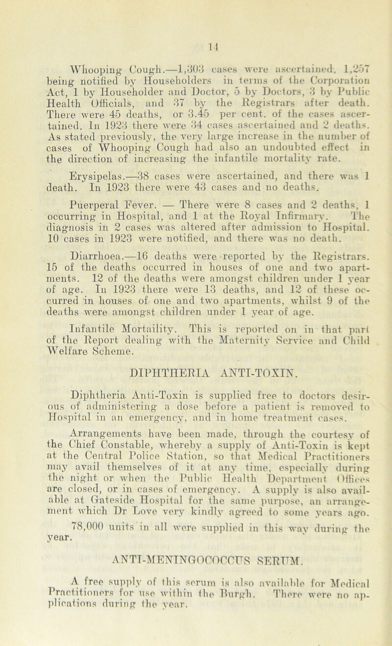 Whooping Cough.—1,303 cases were ascertained. 1,2-07 being notified by Householders in terms of the Corporation Act, 1 by Householder and Doctor, 5 by Doctors, 3 by Public Health Officials, and 37 by the Registrars after death. There were 45 deaths, or 3.45 per cent, of the cases ascer- tained. In 1923 there were 34 cases ascertained and 2 deaths. As stated previously, the very large increase in the number of cases of Whooping Cough had also an undoubted effect in the direction of increasing the infantile mortality rate. Erysipelas.—38 cases were ascertained, and there was 1 death. In 1923 there were 43 cases and no deaths. Puerperal Fever. — There were 8 cases and 2 deaths, 1 occurring in Hospital, and 1 at the Royal Infirmary. The diagnosis in 2 cases was altered after admission to Hospital. 10 cases in 1923 were notified, and there was no death. Diarrhoea.—16 deaths were reported by the Registrars. 15 of the deaths occurred in houses of one and two apart- ments. 12 of the deaths were amongst children under 1 year of age. In 1923 there were 13 deaths, and 12 of these oc- curred in houses of one and two apartments, whilst 9 of' the deaths were amongst children under 1 year of age. Infantile Mortaility. This is reported on in that part of the Report dealing with the Maternity Service and Child Welfare Scheme. DIPHTHERIA ANTI-TOXIN. Diphtheria Anti-Toxin is supplied free to doctors desir- ous of administering a dose before a patient is removed to Hospital in an emergency, and in home treatment cases. Arrangements have been made, through the courtesy of the Chief Constable, whereby a supply of Anti-Toxin is kept at the Central Police Station, so that Medical Practitioners may avail themselves of it at any time, especially during the night or when the Public Health Department Offices are closed, or in cases of emergency. A supply is also avail- able at Qateside Hospital for the same purpose, an arrange- ment which Dr Eove very kindly agreed to some years ago. 78,000 units in all were supplied in this way during the 3rear. ANTI-MENINGOCOCCTTS SERUM. A free supply of this serum is also available for Medical Practitioners for use within the Burgh. There were no ap- plications during the year.