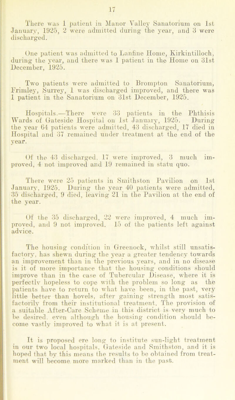 There was 1 patient in Manor Valley Sanatorium on 1st January, 1925, 2 were admitted during the year, and 3 were discharged. One patient was admitted to Lanfiue Home, Kirkintilloch, during the year, and there was 1 patient in the Home on 31st December, 1925. Two patients were admitted to Brompton Sanatorium, Frimley, Surrey, 1 was discharged improved, and there was 1 patient in the Sanatorium on 31st December, 1925. Hospitals.—There were 33 patients in the Phthisis Wards of Gateside Hospital on 1st January, 1925. During the year 64 patients were admitted, 43 discharged, 17 died in Hospital and 37 remained under treatment at the end of the year. Of the 43 discharged. 17 were improved, 3 much im- proved, 4 not improved and 19 remained in statu quo. There were 25 patients in Smithston Pavilion on 1st January, 1925. During the year 40 patients were admitted, 35 discharged, 9 died, leaving 21 in the Pavilion at the end of the year. Of the 35 discharged, 22 were improved, 4 much im- proved, and 9 not improved. 15 of the patients left against advice. The housing condition in Greenock, whilst still unsatis- factory. has shewn during the year a greater tendency towards an improvement than in the previous years, and in no disease is it of more importance that the housing conditions should improve than in the case of Tubercular Disease, where it is perf'ectlv hopeless to cope with the problem so long as the patients have to return to what have been, in the past, very little better than hovels, after gaining strength most satis- factorily from their institutional treatment. The provision of a suitable After-Care Scheme in this district is very much to be desired, even although the housing condition should be- come vastly improved to what it is at present. It is proposed ere long to institute sun-light treatment in our two local hospitals, Gateside and Smithston, and it is hoped that by this means the results to be obtained from treat- ment will become more marked than in the past.