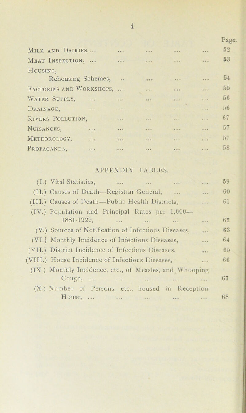 Page. Milk and Dairies,... ... ... ... ... 52 Meat Inspection, ... ... ... ... ... 53 Housing, Rehousing Schemes, ... ... ... ... 5-i Factories and Workshops, ... ... ... ... 55 Water Supply, ... ... ... ... ... 56 Drainage, ... ... ... ... ... 56 Rivers Pollution, ... ... ... ... 67 Nuisances, ... ... ... ... ... 57 Meteorology, ... ... ... ... ... 57 Propaganda, ... ... ... ... ... 58 APPENDIX TABLES. (I.) Vital Statistics, ... ... ... ... 59 (II.) Causes of Death—Registrar General, ... ... 60 (III.) Causes of Death—Public Health Districts, ... 61 (IV.) Population and Principal Rates per I,COO— 1881-1929, ... ... ... ... 62 (V.) Sources of Notification of Infectious Diseases, ... 63 (VI.) Monthly Incidence of Infectious Diseases, ... 64 (VII.) District Incidence of Infectious Diseases, ... 65 (VIII.) House Incidence of Infectious Diseases, ... 66 (IX.) Monthly Incidence, etc., of Measles, and Whooping Cough, ... ... ... ... ... 67 (X.) Number of Persons, etc., housed in Reception House, ... ... ... ... ... 68