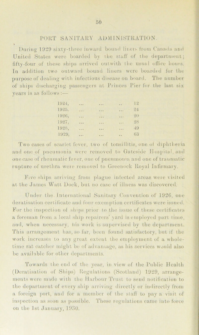 I’OliT SANITARY ADMINISTRATION. Daring 1929 sixty-lliree inward b(jaiid liner.'' from Canada and United States were boarded by tlie .staff of the department; fifty-four of these ships arrived outwith the usual office lionr.s. In addition two outward bound liners were boarded for the purpose of dealing with infectious disease on board. The number of ships discharging passengers at Rrinces Pier for the last six years is as follows 1S)24, 12 l!)-25. 24 U)2(i, 20 1927, 28 1928, 49 1929, 63 Two cases of scarlet fever, two of tonsillitis, one of diphtheiia and one of pneumonia were removeil to Gateside Hospital, and one case of rheumatic fever, one of pneumonia and one of traumatic rupture of uretlira were removed to Greenock Royal Infirmary. Five ships arriving from plague infected areas weie visited at the James Watt Dock, but no case of illness was discovered. Under the International Sanitary ('onvenlioti of 1926, one deratiaatiou certificate and four exemption certificates were issued. For the inspection of ships prior to the issite of these certificates a foreman from a local ship repiiirers’ }ard is employed part time, and, when necessary, liis work is supervised by the department. This arrangement has, so far, been found satisfactory, but if the work increases to any great extent the employmetit of a whole- time rat catcher might be of advaiiiage, as his services would also be available for other departments. 'Powards the end of the year, in view of the Public Health (l)eratisation of Ships) Regulations (ScotlamI) 1929, arrange- ments were made with the Harbour 'Prnst to send noiilication to the department of every ship arriving directly or indirectly from a foreign port, and for a member of the. staff to ]>ay a visit of inspection as soon as po.ssible. Those legulations came into force on the 1st Jtinuary, 1990.