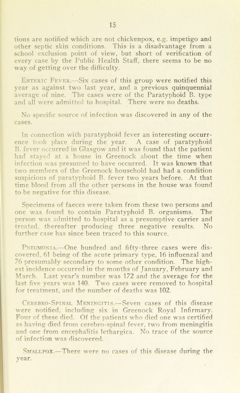 tions are notified which are not chickenpox, e.g. impetigo and other septic skin conditions. This is a disadvantage from a school exclusion point of view, but short of verification of every case by the Public Plealth Staff, there seems to be no way of getting over the difficulty. Enteric Fever.—Six cases of this group were notified this year as against two last year, and a previous quinquennial average of nine. The cases were of the Paratyphoid B. type and all were admitted to hospital. There were no deaths. No specific source of infection was discovered in any of the cases. In connection with paratyphoid fever an interesting occurr- ence took place during the year. A case of paratyphoid B. fever occurred in Glasgow and it was found that the patient had stayed at a house in Greenock about the time when infection was presumed to have occurred. It was known that two members of the Greenock household had had a condition suspicious of paratyphoid B. fever two years before. At that time blood from all the other persons in the house was found to be negative for this disease. Specimens of faeces were taken from these two persons and one was found to contain Paratyphoid B. organisms. The person was admitted to hospital as a presumptive carrier and treated, thereafter producing three negative results. No further case has since been traced to this source. Pneumonia.—One hundred and fifty-three cases were dis- covered. 61 being of the acute primary type, 16 influenzal and 76 presumably secondary to some other condition. The high- est incidence occurred in the months of January, February and March. Last year’s number was 172 and the average for the last five years was 140. Two cases were removed to hospital for treatment, and the number of deaths was 102. Cf.rf.bro-Spinal Meningitis.—Seven cases of this disease were notified, including six in Greenock Royal Infirmary. Four of these died. Of the patients who died one was certified as having died from cerebro-spinal fever, two from meningitis and one from encephalitis lethargica. No trace of the source of infection was discovered. Smallpox.—There were no cases of this disease during the year.