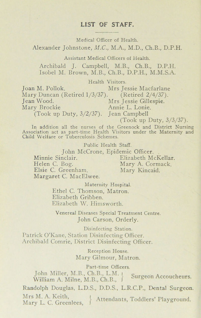 LIST OF STAFF. Medical Officer of Health. Alexander Johnstone, M.C., M.A., M.D., Ch.B., D.P.H. Assistant Medical Officers of Health. Archibald J. Campbell, M.B., Ch.B., D.P.H. Isobel M. Brown, M.B., Ch.B., D.P.H., M.M.S.A. Health Visitors. Joan M. Pollok. Mrs Jessie Macfarlane Mary Duncan (Retired 1/3/37). (Retired 2/4/37). Jean Wood. Mrs Jessie Gillespie. Mary Brockie Annie L. Lonie. (Took up Duty, 3/2/37). Jean Campbell (Took up Duty, 3/3/37). In addition all the nurses of the Greenock and District Nursing Association act as part-time Health Visitors under the Maternity and Child Welfare or Tuberculosis Schemes. Public Health Staff. John McCrone, Epidemic Officer. Minnie Sinclair. Elizabeth McKellar. Helen C. Bog. Mary A. Cormack. Elsie C. Greenham. Mary Kincaid. Margaret C. MacElwee. Maternity Hospital. Ethel C. Thomson, Matron. Elizabeth Gribben. Elizabeth W. Himsworth. Venereal Diseases Special Treatment Centre. John Carson, Orderly. Disinfecting Station. Patrick O’Kane, Station Disinfecting Officer. Archibald Comrie, District Disinfecting Officer. Reception House. Mary Gilmour, Matron. Part-time Officers. John Miller, M.B., Ch.B., L.M. i William A. Milne, M.B., Ch.B., I Surgeon Accoucheurs. Randolph Douglas, L.D.S., D.D.S., L.R.C.P., Dental Surgeon. Mrs M. A. Keith, j. Attendants, Toddlers’ Playground. Mary L. C. Greenlees, I