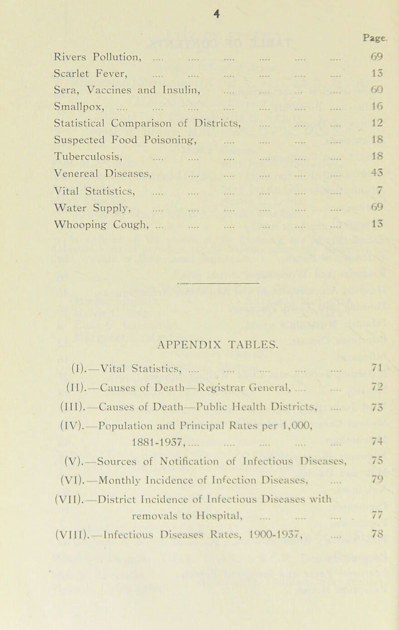 Rivers Pollution, .... Scarlet Fever, Sera, Vaccines and Insulin, Smallpox, Statistical Comparison of Districts, Suspected Food Poisoning:, Tuberculosis, Venereal Diseases, Vital Statistics, Water Supply, Whooping- Coug-h, ... APPENDIX TABLES. (I).—Vital Statistics, .... (II).—Causes of Death—Registrar General, (III) .—Causes of Death—Public Health Districts, (IV) .—Population and Principal Rates per 1,000, 1881-1957, (V).—Sources of Notification of Infectious Diseases, (VI).—Monthly Incidence of Infection Diseases, (VI i).—District Incidence of Infectious Diseases with removals to Hospital, (VIII).—Infectious Diseases Rates, 1900-1957, Page 69 15 60 16 12 18 18 45 7 69 15 71 72 75 74 75 79 77 78