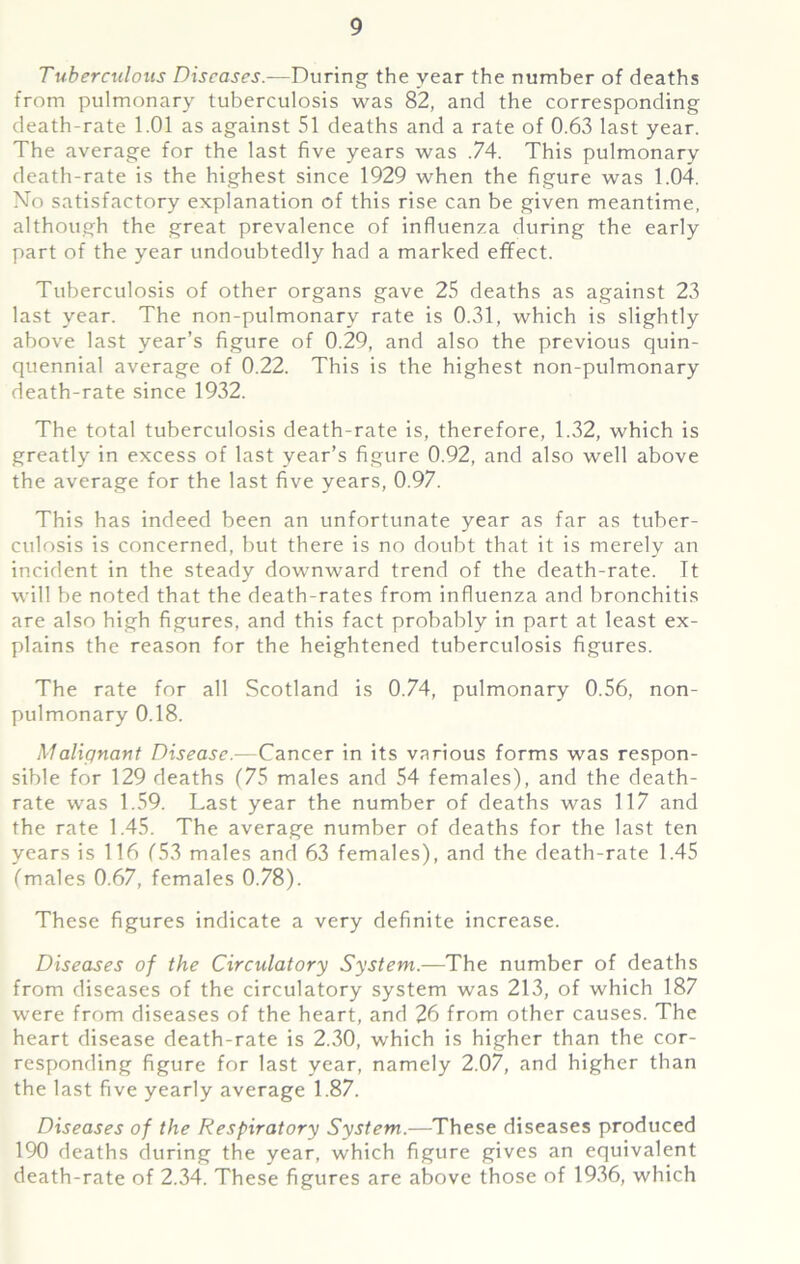 Tuberculous Diseases.—During the year the number of deaths from pulmonary tuberculosis was 82, and the corresponding death-rate 1.01 as against 51 deaths and a rate of 0.63 last year. The average for the last five years was .74. This pulmonary death-rate is the highest since 1929 when the figure was 1.04. No satisfactory explanation of this rise can be given meantime, although the great prevalence of influenza during the early part of the year undoubtedly had a marked effect. Tuberculosis of other organs gave 25 deaths as against 23 last year. The non-pulmonary rate is 0.31, which is slightly above last year’s figure of 0.29, and also the previous quin- quennial average of 0.22. This is the highest non-pulmonary death-rate since 1932. The total tuberculosis death-rate is, therefore, 1.32, which is greatly in excess of last year’s figure 0.92, and also well above the average for the last five years, 0.97. This has indeed been an unfortunate year as far as tuber- culosis is concerned, but there is no doubt that it is merely an incident in the steady downward trend of the death-rate. It will be noted that the death-rates from influenza and bronchitis are also high figures, and this fact probably in part at least ex- plains the reason for the heightened tuberculosis figures. The rate for all Scotland is 0.74, pulmonary 0.56, non- pulmonary 0.18. Malignant Disease.—Cancer in its various forms was respon- sible for 129 deaths (75 males and 54 females), and the death- rate was 1.59. Last year the number of deaths was 117 and the rate 1.45. The average number of deaths for the last ten years is 116 (53 males and 63 females), and the death-rate 1.45 (males 0.67, females 0.78). These figures indicate a very definite increase. Diseases of the Circulatory System.—The number of deaths from diseases of the circulatory system was 213, of which 187 were from diseases of the heart, and 26 from other causes. The heart disease death-rate is 2.30, which is higher than the cor- responding figure for last year, namely 2.07, and higher than the last five yearly average 1.87. Diseases of the Respiratory System.—These diseases produced 190 deaths during the year, which figure gives an equivalent death-rate of 2.34. These figures are above those of 1936, which