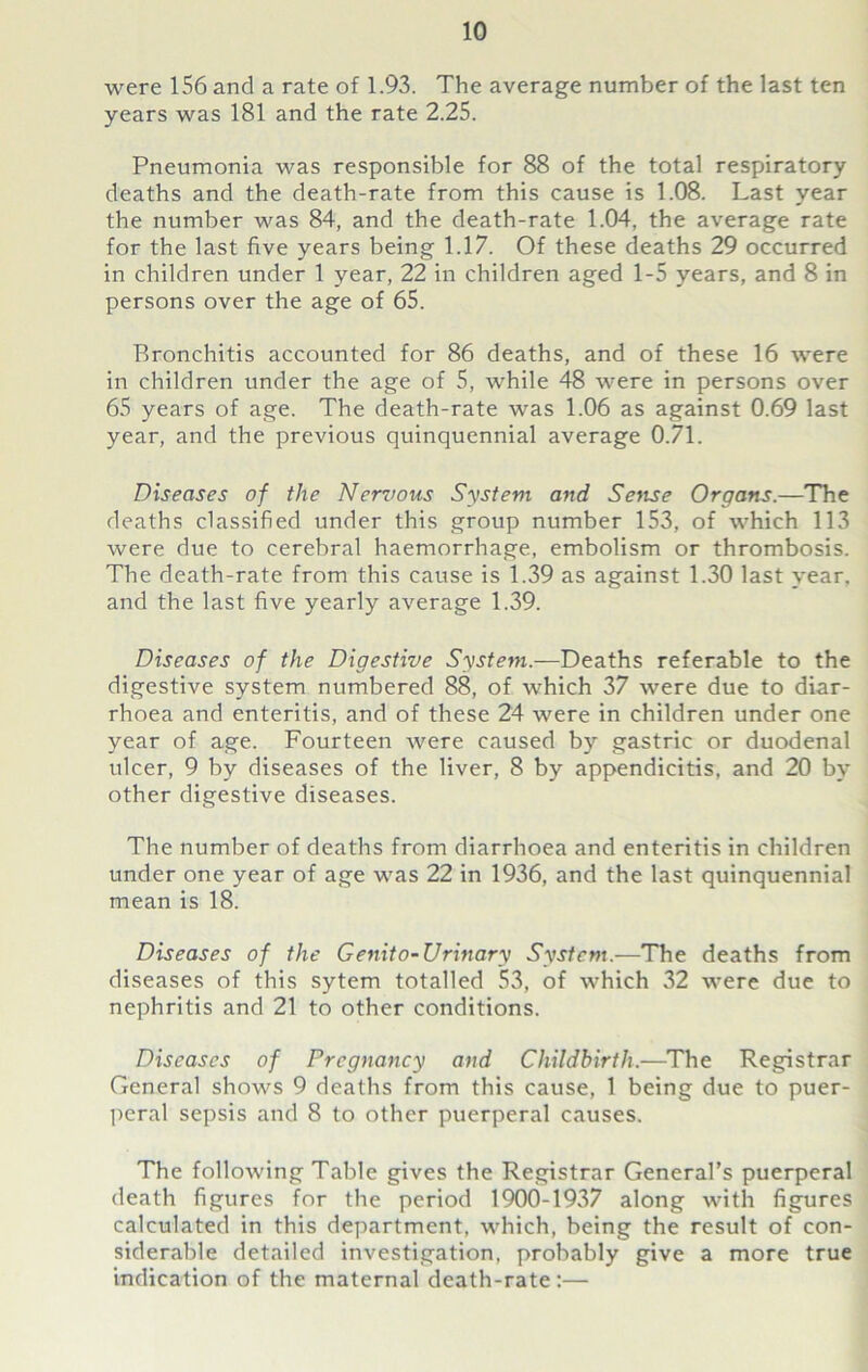 were 156 and a rate of 1.93. The average number of the last ten years was 181 and the rate 2.25. Pneumonia was responsible for 88 of the total respiratory deaths and the death-rate from this cause is 1.08. Last year the number was 84, and the death-rate 1.04, the average rate for the last five years being 1.17. Of these deaths 29 occurred in children under 1 year, 22 in children aged 1-5 years, and 8 in persons over the age of 65. Bronchitis accounted for 86 deaths, and of these 16 were in children under the age of 5, while 48 were in persons over 65 years of age. The death-rate was 1.06 as against 0.69 last year, and the previous quinquennial average 0.71. Diseases of the Nervous System and Souse Organs.—The deaths classified under this group number 153, of which 113 were due to cerebral haemorrhage, embolism or thrombosis. The death-rate from this cause is 1.39 as against 1.30 last year, and the last five yearly average 1.39. Diseases of the Digestive System.—Deaths referable to the digestive system numbered 88, of which 37 were due to diar- rhoea and enteritis, and of these 24 were in children under one year of age. Fourteen were caused by gastric or duodenal ulcer, 9 by diseases of the liver, 8 by appendicitis, and 20 by other digestive diseases. The number of deaths from diarrhoea and enteritis in children under one year of age was 22 in 1936, and the last quinquennial mean is 18. Diseases of the Genito-Urinary System.—The deaths from diseases of this sytem totalled 53, of which 32 were due to nephritis and 21 to other conditions. Diseases of Pregnancy and Childbirth.—The Registrar General shows 9 deaths from this cause, 1 being due to puer- peral sepsis and 8 to other puerperal causes. The following Table gives the Registrar General’s puerperal death figures for the period 1900-1937 along with figures calculated in this department, which, being the result of con- siderable detailed investigation, probably give a more true indication of the maternal death-rate :—