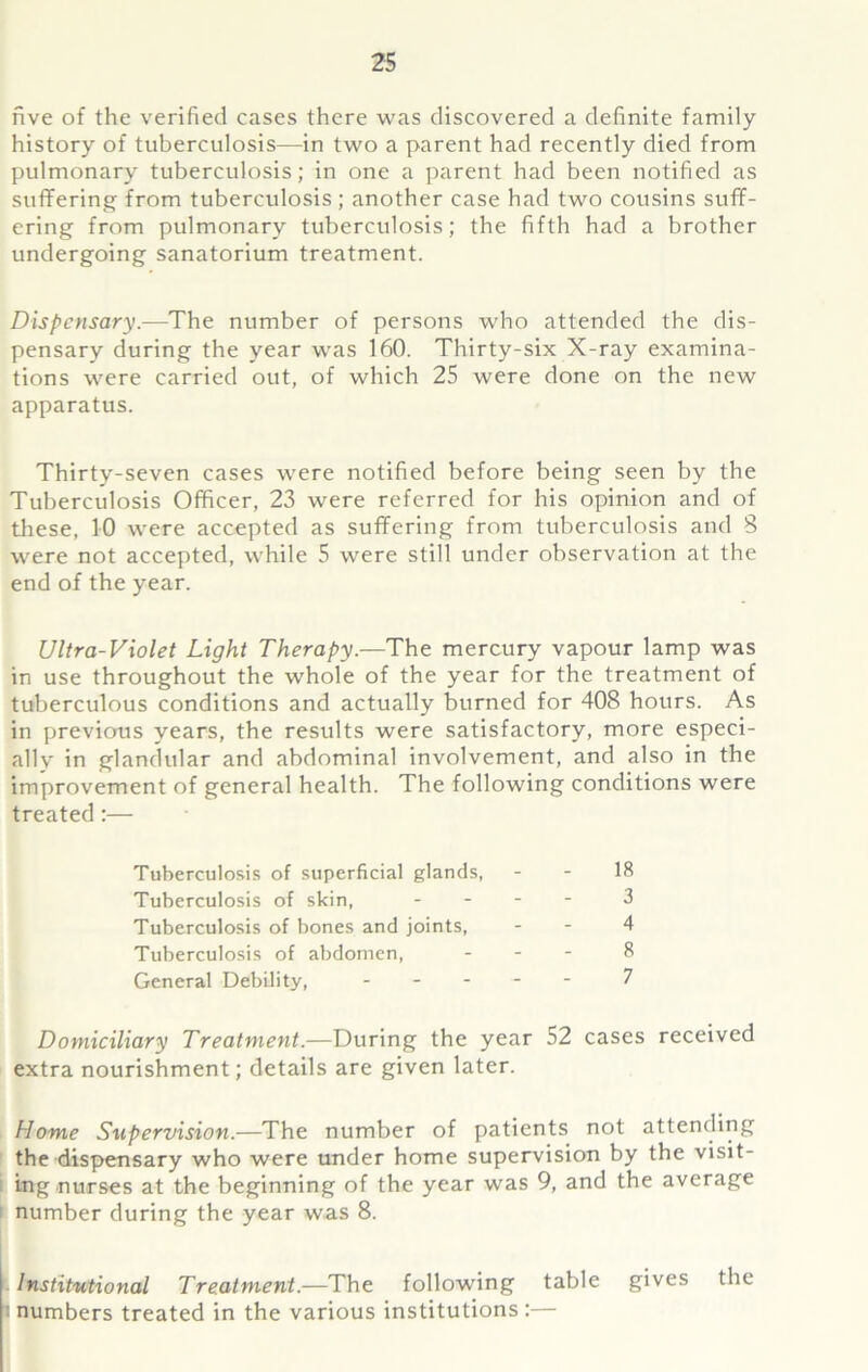 five of the verified cases there was discovered a definite family history of tuberculosis—in two a parent had recently died from pulmonary tuberculosis; in one a parent had been notified as suffering from tuberculosis ; another case had two cousins suff- ering from pulmonary tuberculosis; the fifth had a brother undergoing sanatorium treatment. Dispensary.—The number of persons who attended the dis- pensary during the year was 160. Thirty-six X-ray examina- tions were carried out, of which 25 were done on the new apparatus. Thirty-seven cases were notified before being seen by the Tuberculosis Officer, 23 were referred for his opinion and of these, 10 were accepted as suffering from tuberculosis and 8 were not accepted, while 5 were still under observation at the end of the year. Ultra-Violet Light Therapy.—The mercury vapour lamp was in use throughout the whole of the year for the treatment of tuberculous conditions and actually burned for 408 hours. As in previous years, the results were satisfactory, more especi- ally in glandular and abdominal involvement, and also in the improvement of general health. The following conditions were treated:— Domiciliary Treatment.—During the year 52 cases received extra nourishment; details are given later. Home Supervision.—The number of patients not attending the dispensary who were under home supervision by the visit- ing nurses at the beginning of the year was 9, and the average number during the year was 8. ■ Institutional Treatment.—The following table gives the i numbers treated in the various institutions :— Tuberculosis of superficial glands, Tuberculosis of skin, Tuberculosis of bones and joints, Tuberculosis of abdomen, General Debility, - 18 3 4 8 7