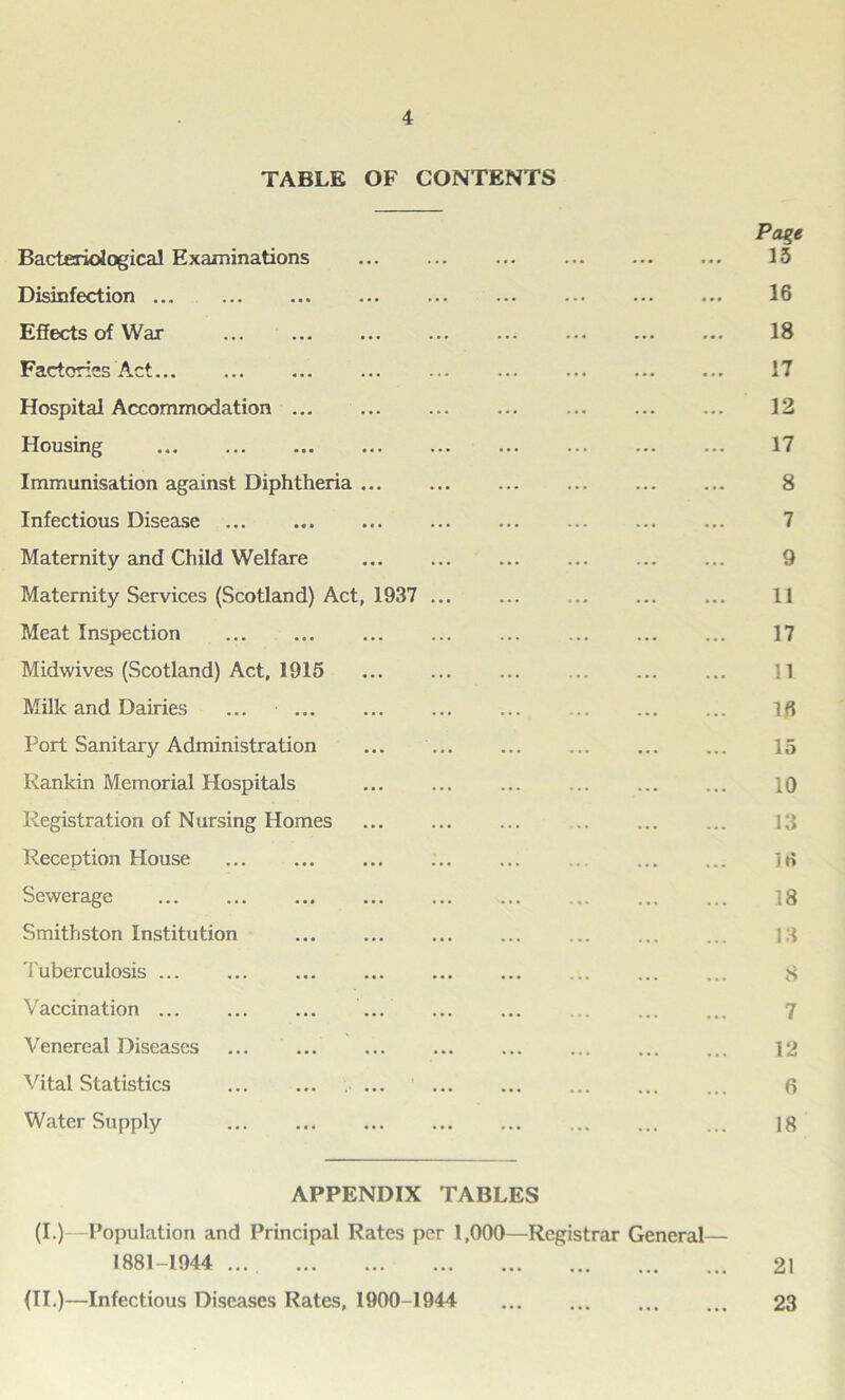 TABLE OF CONTENTS Page Bacteriological Examinations 15 Disinfection ... ... ... ... ... ... ... 16 Effects of Wax ... ... ... ... ... ... 18 Factories Act 17 Hospital Accommodation ... 12 Housing 17 Immunisation against Diphtheria ... ... 8 Infectious Disease ... ... ... ... ... ... ... ... 7 Maternity and Child Welfare ... ... ... ... ... ... 9 Maternity Services (Scotland) Act, 1937 ... ... ... ... ... 11 Meat Inspection 17 Midwives (Scotland) Act, 1915 ... ... ... ... ... ... 11 Milk and Dairies ... If? Port Sanitary Administration ... ... ... ... ... ... 15 Rankin Memorial Hospitals ... ... ... ... 10 Registration of Nursing Homes ... ... ... .. ... ... 13 Reception House ... 1 ri Sewerage 18 Smithston Institution ... ... ... ... ... ... ... 13 Tuberculosis ... ... ... ... ... ... ... ... ... 8 Vaccination ... ... ... ... ... ... ... ... ... 7 Venereal Diseases 12 Vital Statistics 6 Water Supply 18 APPENDIX TABLES (I.)—Population and Principal Rates per 1,000—Registrar General— 1881-1944 ... 21 (II.)—Infectious Diseases Rates, 1900-1944 23