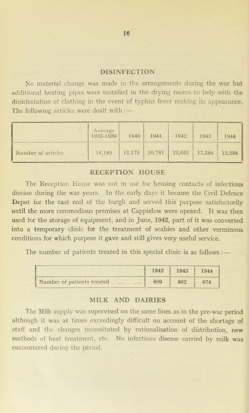 DISINFECTION No material change was made in the arrangements during the war but additional heating pipes were installed in the drying rooms to help with the disinfestation of clothing in the event of typhus fever making its appearance. The following articles were dealt with :— Average 1935-1939 1940 1941 1942 1943 1944 Number of articles 14,188 12,175 26,781 22,653 17,384 12,298 RECEPTION HOUSE The Reception House was not in use for housing contacts of infectious disease during the war years. In the early days it became the Civil Defence Depot for the east end of the burgh and served this purpose satisfactorily until the more commodious premises at Cappielow were opened. It was then used for the storage of equipment, and in June, 1942, part of it was converted into a temporary clinic for the treatment of scabies and other verminous conditions for which purpose it gave and still gives very useful service. The number of patients treated in this special clinic is as follows:— 1942 1943 1944 Number of patieuts treated 809 962 674 MILK AND DAIRIES The Milk supply was supervised on the same lines as in the pre-war period although it was at times exceedingly difficult on account of the shortage of staff and the changes necessitated by rationalisation of distribution, new methods of heat treatment, etc. No infectious disease carried by milk was encountered during the pferiod.