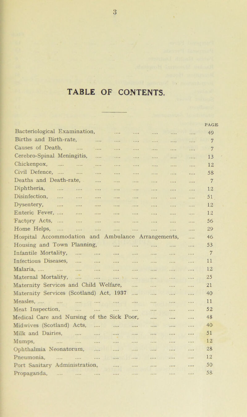 TABLE OF CONTENTS. PAGE Bacteriological Examination, .... .... .... .... .... 49 Births and Birth-rate, .... .... .... .... .... .... 7 Causes of Death, .... .... .... .... .... .... .... 7 Cerebro-Spinal Meningitis .... .... .... .... .... 13 Chickenpox .... 12 Civil Defence, .... .... .... .... .... .... .... .... 5g Deaths and Death-rate, 7 Diphtheria 12 Disinfection .... 51 Dysentery, .... .... .... .... .... .... .... .... 12 Enteric Fever .... 12 Factpry Acts, .... .... .... .... .... .... .... .... 56 Home Helps 29 Hospital Accommodation and Ambulance Arrangements, .... 46 Housing and Town Planning, 53 Infantile Mortality 7 Infectious Diseases, .... .... .... .... .... .... .... 11 Malaria, .... 12 Maternal Mortality, ..! 25 Maternity Services and Child Welfare, 21 Maternity Services (Scotland) Act, 1937 40 Measles 11 Meat Inspection, 52 Medical Care and Nursing of the Sick Poor, 48 Midwives (Scotland) Acts, .... .... .... .... .... .... 40- Milk and Dairies 51 Mumps, 12 Ophthalmia Neonatorum, 28 Pneumonia, .... .... .... .... .... .... .... .... 12 Port Sanitary Administration, 50 Propaganda .... .... .... .... .... .... •••• 58