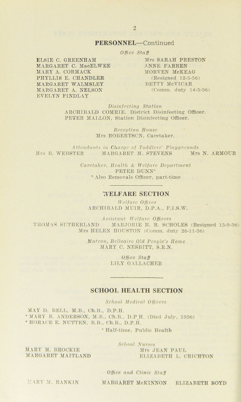 2 PERSONNEL—Continued Office Staff ELSIE C. GREENHAM MARGARET C. MacELWEE MARY A. CORMACK PHYLLIS E. CHANDLER MARGARET WALMSLEY MARGARET A. NELSON EVELYN FINDLAY Mrs SARAH PRESTON ANNE FARREN MORVEN McKEAG I Resigned 12-5-56) HETTY McVICAR (Comm, duty 14-5-561 Disinfecting Station ARCHIBALD COMRIE. District Disinfecting Officer. PETER MALLON, Station Disinfecting Officer. Mrs ROBERTSON, Caretaker. Attendants in Charge of Toddlers' Playgrounds Caretaker, Health & Welfare Department PETER DUNN* * Also Removals Officer, part-time '.VELFARE SECTION Welfare Officer ARCHIBALD MUIR, D.P.A.. F.I.S.W. Assistant Welfare Officers THOM AS SUTHERLAND MARJORIE H. R. SCHOLES (Resigned 15-9-561 Mrs HELEN HOUSTON (Comm, duty 26-11-561 Matron, Belleairo Old People's Ifome MARY C. NESBITT. S.R.N. Office Staff LILY OAT.LACHER SCHOOL HEALTH SECTION School Medical Officers MAY D. HELL. M.B., Ch.lL, D.P.H. * MARY B. ANDERSON. M.B., C’h.R.. Ill’ll. (Died July. 1956) * HORACE E. NITTTEN. 11.H.. Ch.H., D.P.H. * Half-time, Public Health lieception House Mrs 11. WEBSTER MARGARET M. STEVENS Mrs N. ARMOUR School .Yurses MARY M. BROCKIE MARG AR ET MA1TLA ND Mrs JEAN PAUL ELIZABETH L. CRICHTON Office and Clinic Staff