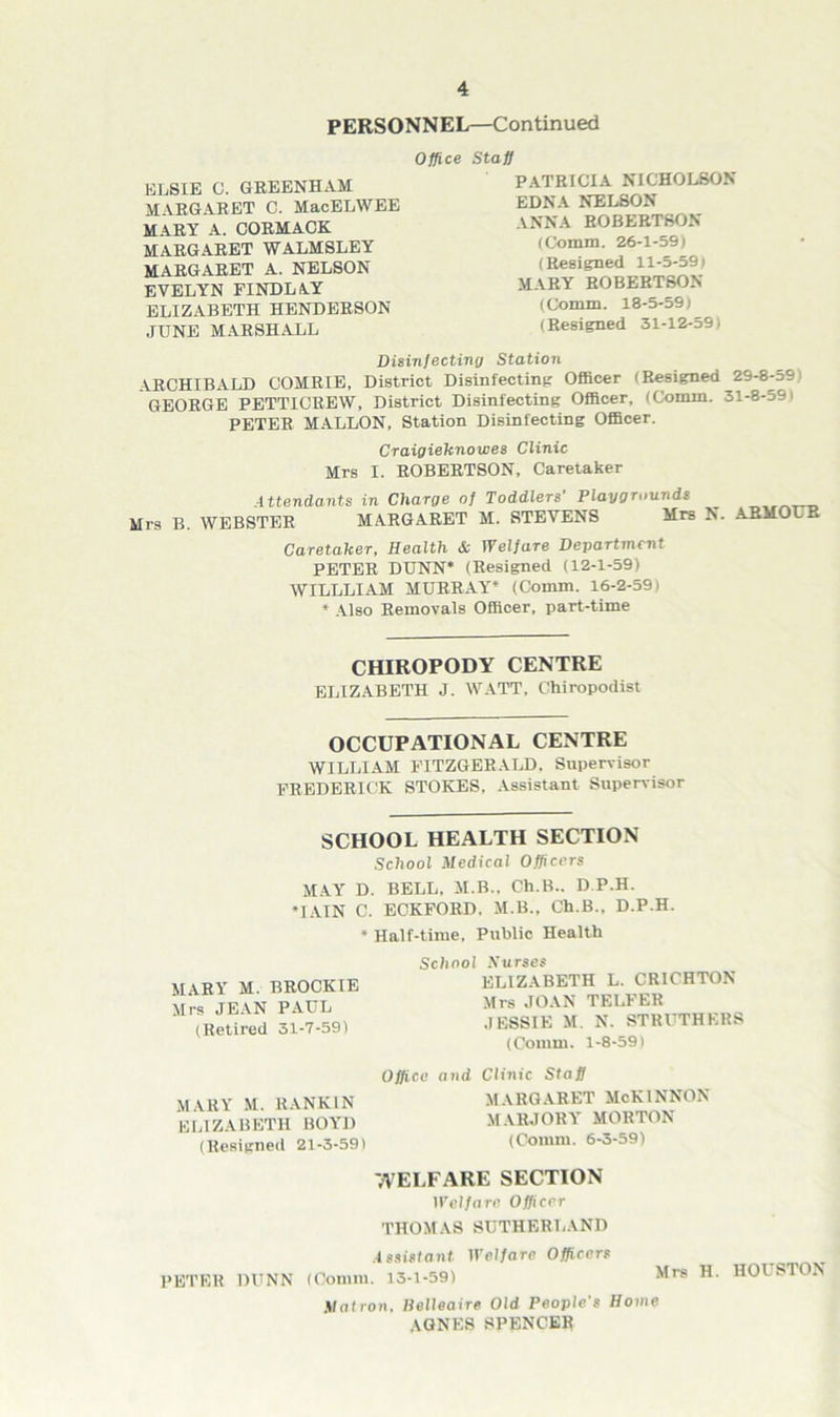 PERSONNEL—Continued Office ELSIE C. GREENHAM MARGARET C. MacELWEE MARY A. CORMACK MARGARET WALMSLEY MARGARET A. NELSON EVELYN FINDLAY ELIZABETH HENDERSON JUNE MARSHALL Staff PATRICIA NICHOLSON EDNA NELSON ANNA ROBERTSON (Comm. 26-1-59) (Resigned 11-5-59) MARY ROBERTSON (Comm. 18-5-59) (Resigned 31-12-59) Disinfecting Station ARCHIBALD COMRIE, District Disinfecting Officer (Resigned 29-8-59) GEORGE PETTICREW, District Disinfecting Officer, (Comm. 31-8-591 PETER MALLON, Station Disinfecting Officer. Craigieknowes Clinic Mrs I. ROBERTSON, Caretaker Attendants in Charge of Toddlers’ Playgrounds Mrs B. WEBSTER MARGARET M. STEVENS Mrs Caretaker, Health A Welfare Department PETER DUNN* (Resigned (12-1-59) WILLLIAM MURRAY* (Comm. 16-2-59) * Also Removals Officer, part-time ARMOUR CHIROPODY CENTRE ELIZABETH J. WATT. Chiropodist OCCUPATIONAL CENTRE WILLIAM FITZGERALD. Supervisor FREDERICK STOKES. Assistant Supervisor SCHOOL HEALTH SECTION School Medical Officers MAY D. BELL, M.B.. Ch.B.. D.P.H. MAIN C. ECKFORD, M.B., Ch.B., D.P.H. * Half-time, Public Health School Nurses ELIZABETH L. CRICHTON Mrs JOAN TELFER JESSIE M. N. STROTHERS (Comm. 1-8-59) Office and Clinic Staff MARY M. RANKIN MARGARET McKINNON ELIZABETH BOYD MARJORY MORTON (Resigned 21-3-59) (Comm. 6-3-59) MARY M. BROCKIE Mrs JEAN PAUL (Retired 31-7-59) WELFARE SECTION Welfare Officer THOMAS SUTHERLAND Assistant Welfare Officers PETER DUNN (Comm. 13-1-59) Matron, Helleaire Old People's Home AGNES SPENCER HOUSTON