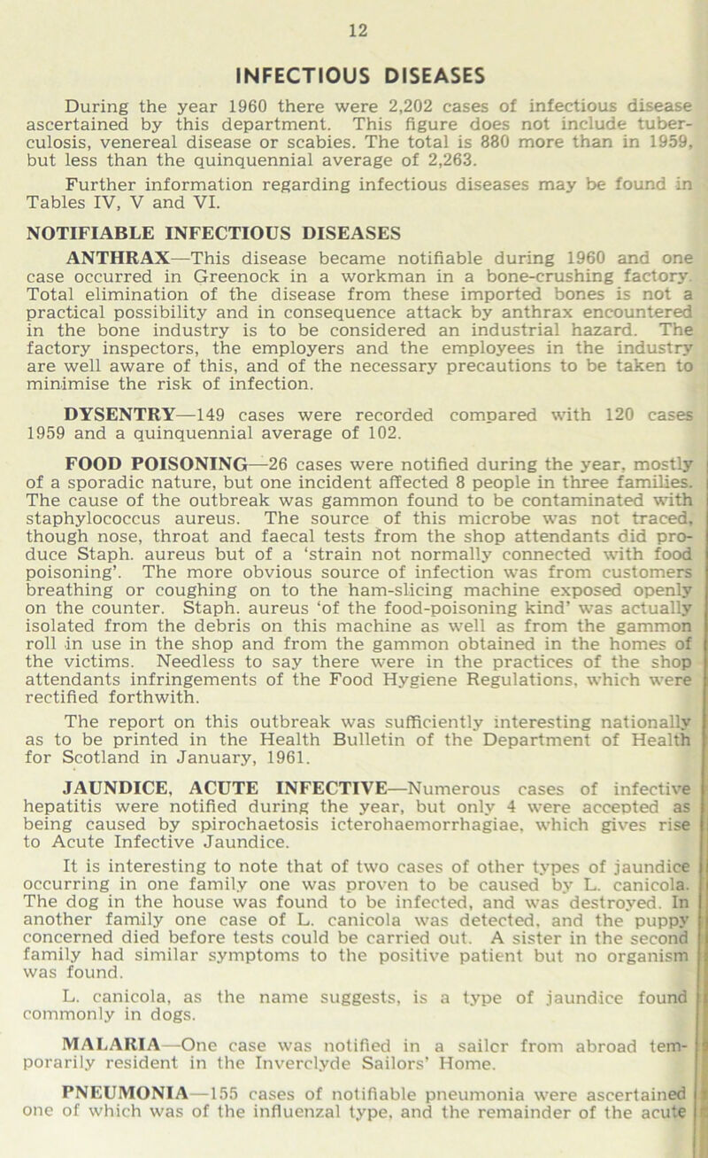 INFECTIOUS DISEASES During the year 1960 there were 2,202 cases of infectious disease ascertained by this department. This figure does not include tuber- culosis, venereal disease or scabies. The total is 880 more than in 1959, but less than the quinquennial average of 2,263. Further information regarding infectious diseases may be found in Tables IV, V and VI. NOTIFIABLE INFECTIOUS DISEASES ANTHRAX—This disease became notifiable during 1960 and one case occurred in Greenock in a workman in a bone-crushing factory. Total elimination of the disease from these imported bones is not a practical possibility and in consequence attack by anthrax encountered in the bone industry is to be considered an industrial hazard. The factory inspectors, the employers and the employees in the industry are well aware of this, and of the necessary precautions to be taken to minimise the risk of infection. DYSENTRY—149 cases were recorded compared with 120 cases 1959 and a quinquennial average of 102. FOOD POISONING—26 cases were notified during the year, mostly of a sporadic nature, but one incident affected 8 people in three families. The cause of the outbreak was gammon found to be contaminated with staphylococcus aureus. The source of this microbe was not traced, though nose, throat and faecal tests from the shop attendants did pro- duce Staph, aureus but of a ‘strain not normally connected with food poisoning’. The more obvious source of infection was from customers breathing or coughing on to the ham-slicing machine exposed openly on the counter. Staph, aureus ‘of the food-poisoning kind’ was actually isolated from the debris on this machine as well as from the gammon roll in use in the shop and from the gammon obtained in the homes of the victims. Needless to say there were in the practices of the shop attendants infringements of the Food Hygiene Regulations, which were rectified forthwith. The report on this outbreak was sufficiently interesting nationally as to be printed in the Health Bulletin of the Department of Health for Scotland in January, 1961. JAUNDICE, ACUTE INFECTIVE—Numerous cases of infective hepatitis were notified during the year, but only 4 were accepted as being caused by spirochaetosis icterohaemorrhagiae, which gives rise to Acute Infective Jaundice. It is interesting to note that of two cases of other types of jaundice occurring in one family one was proven to be caused by L. canicola. The dog in the house was found to be infected, and was destroyed. In another family one case of L. canicola was detected, and the puppy concerned died before tests could be carried out. A sister in the second family had similar symptoms to the positive patient but no organism was found. L. canicola, as the name suggests, is a type of jaundice found commonly in dogs. MALARIA—One case was notified in a sailer from abroad tem- porarily resident in the Inverclyde Sailors’ Home. PNEUMONIA—155 cases of notifiable pneumonia were ascertained one of which was of the influenzal type, and the remainder of the acute j