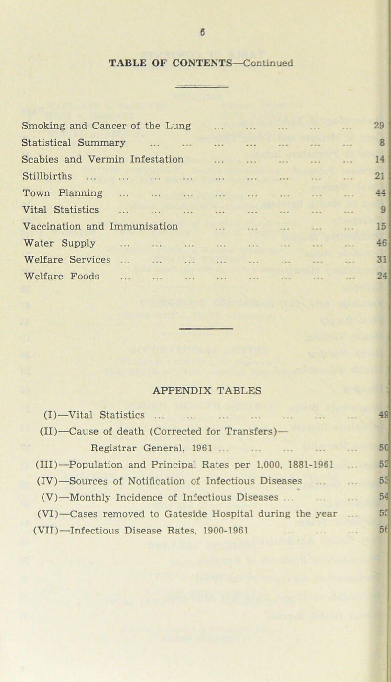 TABLE OF CONTENTS—Continued Smoking and Cancer of the Lung Statistical Summary Scabies and Vermin Infestation Stillbirths Town Planning Vital Statistics Vaccination and Immunisation Water Supply Welfare Services ... Welfare Foods 29 8 14 21 44 9 15 46 31 24 APPENDIX TABLES (I)—Vital Statistics 49 (II)—Cause of death (Corrected for Transfers)— Registrar General. 1961 5C (III) —Population and Principal Rates per 1.000, 1881-1961 52 (IV) —Sources of Notification of Infectious Diseases 52 (V)—Monthly Incidence of Infectious Diseases ... 54 (VI)—Cases removed to Gateside Hospital during the year . 5f (VII)—Infectious Disease Rates, 1900-1961 . 5f