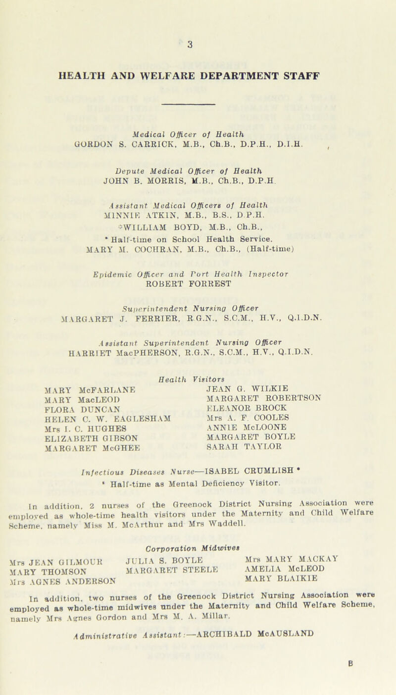 HEALTH AND WELFARE DEPARTMENT STAFF Medical Officer of Health GORDON S. CARRICK. M.B., Ch.B., D.P.H., D.I.H. Depute Medical Officer of Health JOHN B. MORRIS, M.B., Ch.B.. D.P.H Assistant Medical Officers of Health MINNIE ATKIN, M.B., B.S., D P.H. ■'WILLIAM BOYD, M.B., Ch.B., * Half-time on School Health Service. MARY M. COCHRAN. M.B., Ch.B., (Half-time) Epidemic Officer and Port Health Inspector ROBERT FORREST Superintendent Nursing Officer MARGARET J. FERRIER, E.G.N., S.C.M., H.V., Q.l.D.N. Assistant Superintendent Nursing Officer HARRIET MacPHERSON, R.G.N., S.C.M., H.Y., Q.l.D.N. Health Visitors MARY McFARLANE JEAN G. WILKIE MARY MacLEOD MARGARET ROBERTSON FLORA DUNCAN ELEANOR BROCK HELEN C. W. EAGLESHAM Mrs A. F. COOLES Mrs I. C. HUGHES ANNIE McLOONE ELIZABETH GIBSON MARGARET BOYLE MARGARET McGHEE SARAH TAYLOR Infectious Diseases Nurse—ISABEL CRUML1SH * * Half-time as Mental Deficiency Visitor. In addition. 2 nurses of the Greenock District Nursing Association were employed as whole-time health visitors under the Maternity and Child Welfare Scheme, namely Miss M. McArthur and Mrs Waddell. Corporation Midwives Mrs JEAN QILMOUR JULIA S. BOYLE Mrs MARY MACK AY MARY THOMSON MARGARET STEELE AMELIA McLEOD Mrs AGNES ANDERSON MARY BLAIK1E In addition, two nurses of the Greenock District Nursing Association were employed as whole-time midwives under the Maternity and Child Welfare Scheme, namely Mrs Agnes Gordon and Mrs M. A. Millar. Administrative Assistant:—ARCHIBALD McAUSLAND B