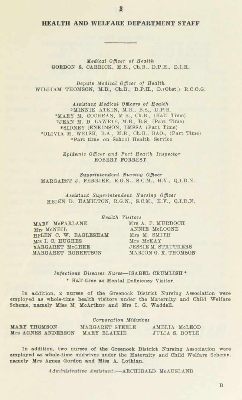 s HEALTH AND WELFARE DEPARTMENT STAFF Medical Officer of Health GORDON 8. CARRICK, M.B., Ch.B., D.P.H., D.I.H. Depute Medical Officer of Health WILLIAM THOMSON, M.B., Ch.B., D.P.H., D.(Obst.) R.C.O.G. Assistant Medical Officers of Health * MINNIE ATKIN, M.B., B.S., D.P.H. ♦MARY M. COCHRAN, M.B., Ch.B., (Half Time) -JEAN M. D. LAWRIE, M.B., B.S. (Part Time) ♦ SIDNEY JENK1NSON, LMSSA (Part Time) ♦OLIVIA M. WELSH, B.A., M.B., Ch.B., BAO., (Part Time) ♦Part time on School Health Service Epidemic Officer and Port Health Inspector ROBERT FORREST Superintendent Nursing Officer MARGARET J. FERRIER, R.G.N., S.C.M., H.V., Q.I.D.N. Assistant Superintendent Nursing Officer HEIEN D. HAMILTON, R.G.N., S.C.M., H.V., Q.I.D.N, Health Visitors MARf McFARLANE Mrs McNEIL HELEN C. W. EAGLESHAM Mrs I. C. HDGHES MARGARET McGHEE MARGARET ROBERTSON Mrs A. F. MURDOCH ANNIE McLOONE Mrs M. SMITH Mrs McKAY JESSIE M. STRUTHERS MARION G. K. THOMSON Infectious Diseases Nurse—ISABEL CRTJMLISH * * Half-time as Mental Deficiency Visitor. In addition, 2 nurses of the Greenock District Nursing Association were employed as whole-time health visitors under the Maternity and Child Welfare Scheme, namely Miss M. McArthur and Mrs I. G. WaddeU. Corporation Midwives MARY THOMSON MARGARET STEELE AMELIA McLEOD Mrs AGNES ANDERSON MARY BLAIKIE JULIA S. BOYLE In addition, two nnrses of the Greenock District Nursing Association were employed as whole-time midwives under the Maternity and Child Welfare Scheme, namely Mrs Agnes Gordon and Miss A. Lothian. Administrative Assistant:—ARCHIBALD MoAUSLAND B