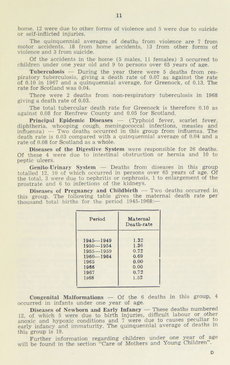 home. 12 were due to other forms of violence and 5 were due to suicide or self-inflicted injuries. The quinquennial averages of deaths from violence are 7 from motor accidents, 18 from home accidents, 13 from other forms of violence and 3 from suicide. Of the accidents in the home (5 males, 11 females) 3 occurred to children under one year old and 9 to persons over 65 years of age. Tuberculosis — During the year there were 5 deaths from res- piratory tuberculosis, giving a death rate of 0.07 as against the rate of 0.10 in 1967 and a quinquennial average, for Greenock, of 0.13. The rate for Scotland was 0.04. There were 2 deaths from non-respiratory tuberculosis in 1968 giving a death rate of 0.03. The total tubercular death rate for Greenock is therefore 0.10 as against 0.08 for Renfrew County and 0.05 for Scotland. Principal Epidemic Diseases — (Typhoid fever, scarlet fever, diphtheria, whooping cough, meningococcal infections, measles and influenza) — Two deaths occurred in this group from influenza. The death rate is 0.03 compared with a quinquennial average of 0.04 and a rate of 0.08 for Scotland as a whole. Diseases of the Digestive System were responsible for 26 deaths. Of these 4 were due to intestinal obstruction or hernia and 10 to peptic ulcers. Genito-Urinary System — Deaths from diseases in this group totalled 12, 10 of which occurred in persons over 65 years of age. Of the total, 3 were due to nephritis or nephrosis, 1 to enlargement of the prostrate and 6 to infections of the kidneys. Diseases of Pregnancy and Childbirth — Two deaths occurred in this group. The following table gives the maternal death rate per thousand total births for the period 1945-1968:— Period Maternal Death-rate 1945—1949 1.32 1950—1954 1.36 1955—1959 0.72 1960—1964 0.69 1965 0.00 1986 0.00 1967 0.72 1968 1.52 Congenital Malformations — Of the 6 deaths in this group, 4 occurred in infants under one year of age. Diseases of Newborn and Early Infancy — These deaths numbered 12, of which 5 were due to birth injuries, difficult labour or other anoxic and hypoxic conditions and 7 were due to causes peculiar to early infancy and immaturity. The quinquennial average of deaths in this group is 19. Further information regarding children under one year of age will be found in the section “Care of Mothers and Young Children . D