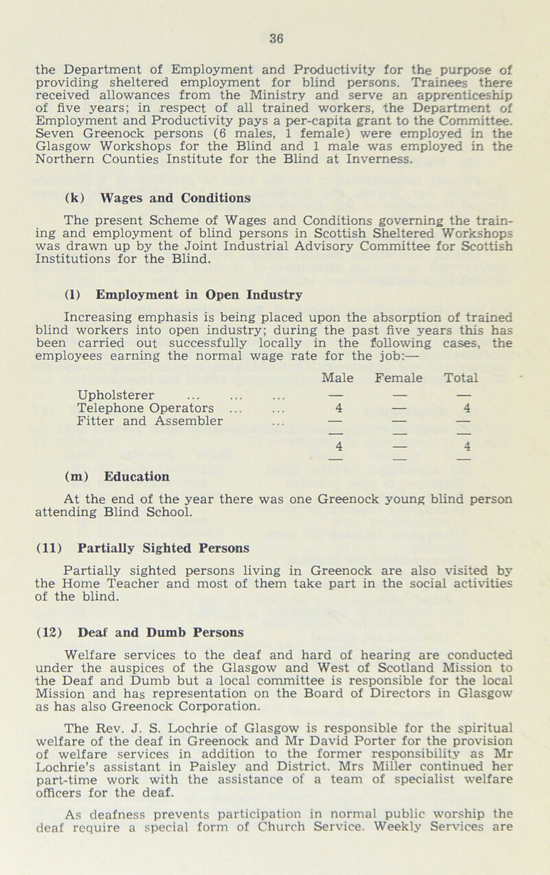 the Department of Employment and Productivity for the purpose of providing sheltered employment for blind persons. Trainees there received allowances from the Ministry and serve an apprenticeship of five years; in respect of all trained workers, the Department of Employment and Productivity pays a per-capita grant to the Committee. Seven Greenock persons (6 males, 1 female) were employed in the Glasgow Workshops for the Blind and 1 male was employed in the Northern Counties Institute for the Blind at Inverness. (k) Wages and Conditions The present Scheme of Wages and Conditions governing the train- ing and employment of blind persons in Scottish Sheltered Workshops was drawn up by the Joint Industrial Advisory Committee for Scottish Institutions for the Blind. (1) Employment in Open Industry Increasing emphasis is being placed upon the absorption of trained blind workers into open industry; during the past five years this has been carried out successfully locally in the following cases, the employees earning the normal wage rate for the Male job:— Female Total Upholsterer — — — Telephone Operators ... 4 — 4 Fitter and Assembler 4 — 4 (m) Education At the end of the year there was one Greenock young blind person attending Blind School. (11) Partially Sighted Persons Partially sighted persons living in Greenock are also visited by the Home Teacher and most of them take part in the social activities of the blind. (12) Deaf and Dumb Persons Welfare services to the deaf and hard of hearing are conducted under the auspices of the Glasgow and West of Scotland Mission to the Deaf and Dumb but a local committee is responsible for the local Mission and has representation on the Board of Directors in Glasgow as has also Greenock Corporation. The Rev. J. S. Lochrie of Glasgow is responsible for the spiritual welfare of the deaf in Greenock and Mr David Porter for the provision of welfare services in addition to the former responsibility as Mr Lochrie’s assistant in Paisley and District. Mrs Miller continued her part-time work with the assistance of a team of specialist welfare officers for the deaf. As deafness prevents participation in normal public worship the deaf require a special form of Church Service. Weekly Services are