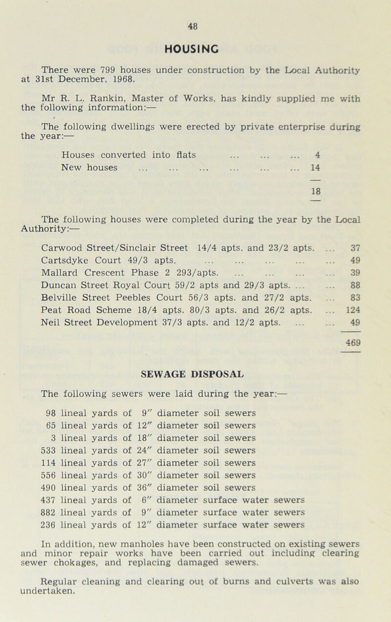 HOUSING There were 799 houses under construction by the Local Authority at 31st December, 1968. Mr R. L. Rankin, Master of Works, has kindly supplied me with the following information:— » The following dwellings were erected by private enterprise during the year:— Houses converted into flats ... ... ... 4 New houses ... ... ... ... ... ... 14 18 The following houses were completed during the year by the Local Authority:— Carwood Street/Sinclair Street 14/4 apts. and 23/2 apts. ... 37 Cartsdyke Court 49/3 apts. 49 Mallard Crescent Phase 2 293/apts. ... ... ... ... 39 Duncan Street Royal Court 59/2 apts and 29/3 apts. ... ... 88 Belville Street Peebles Court 56/3 apts. and 27/2 apts. 83 Peat Road Scheme 18/4 apts. 80/3 apts. and 26/2 apts. ... 124 Neil Street Development 37/3 apts. and 12/2 apts 49 469 SEWAGE DISPOSAL The following sewers were laid during the year:— 98 lineal yards of 9 diameter soil sewers 65 lineal yards of 12 diameter soil sewers 3 lineal yards of 18 diameter soil sewers 533 lineal yards of 24 diameter soil sewers 114 lineal yards of 27 diameter soil sewers 556 lineal yards of 30 diameter soil sewers 490 lineal yards of 36 diameter soil sewers 437 lineal yards of 6 diameter surface water sewers 882 lineal yards of 9 diameter surface water sewers 236 lineal yards of 12 diameter surface water sewers In addition, new manholes have been constructed on existing sewers and minor repair works have been carried out including clearing sewer chokages, and replacing damaged sewers. Regular cleaning and clearing out of burns and culverts was also undertaken.