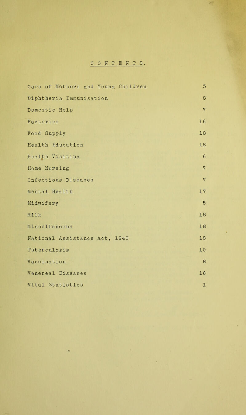 CONTENTS Care of Mothers and Young Children 3 Diphtheria Immunisation 8 Domestic Help 7 Factories 16 Food Supply 18 Health Education 18 Health Visiting 6 Home Nursing 7 Infectious Diseases 7 Mental Health 17 Midwifery 5 Milk 18 Miscellaneous 18 National Assistance Act, 1948 18 Tuberculosis 10 Vaccination 8 Venereal Diseases 16 Vital Statistics « 1