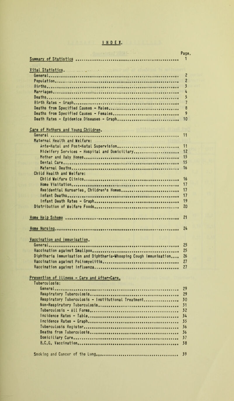 INDEX tOOOOOOOOOoOOOOQOOOOOOOOOOOOOO Page, 1 oooooc<oo< 000000000000000000000000000000000004000 ooooooooooooo • o • • • o • IOOOOOOO o' 00 General Population Births... Marriages..... Deaths,,, o,,o 0000 oo .4.o...... Birth Rates » Graph............................ Deaths from Specified Causes - Males.......... Deaths from Specified Causes - Females........ Death Rates ■=> Epidemics Diseases - Graph...... >000000000000000000004 • OOOOOOOQOOOOOOOOOOOOO •0000000O0000000000000 >000000009 >0000 1000000000000000OO lOOOOOOOOOOOOOOOOO >ooooooooooooooOooooooo >oooooooooooooo*ooooooo >0 0 04 000000*00000004 > O o o c 2 2 3 4 5 7 8 9 10 ........ 11 ........ 11 12 >0000000 I ^ 13 Care of Mothers and Young Children. General ooooo..o.o..000.oo..o..0.0000.....00.«o..0000....o. Maternal Health and Welfare: Ante-Natal and Post-Natal Supervision................... Midwifery Services - Hospital and Domiciliary........... Mother and Baby Homps.o..,..........000.....o......ooo..0000..o.o.<> Dental Care.o.00000.oooooooo..o.oo*....0.00.0.o.o.oo..oooo..oo..... 13 Maternal Deaths.....................44.400.0040.0..oooooooo.0.00.00 13 Child Health and Welfare: ChuId Welfare Clinics..0.0...o....00..00....0.0.00.0,0.0.0.0.0...00 13 Home Visitation.................................................... 17 Residential Nurseries,, Children's Homes............................ 17 I rat ant DeathSo.oo.o.o0...........000000000.90000.0.00..oooooo.ooooo 17 Infant Death Rates — Graph...o..oo.o.oooo.ooooo.ooooooooooooooo.ooo 13 Distribution of Welfare FoodSo.4...oeooooooooooooooooooooooooooooooo.o 20 Home Help Scheme Home Nursing 000000000000000«00000000000e09000«000000000000000000000 0OOOOOOOOOOOOOOOOOOOOOQOOOOOOOOOOOOOOOOOOOOOOOOOOOOOOOO00OOO 21 24 Vaccination and Immunisation. Generalo.oooooooo.ooooooooooooooooooaooo.ooooooo.ooooooo.00000000000.0 23 Vaccination against Smallpox..........................0000...........o 23 Diphtheria Immunisation and Diphtheria-Whooping Cough Immunisation.... 26 Vaccination against Poliomyelitis..................................... 27 Vaccination against Influenza. 27 Prevention of Illness - Care and After-Care. Tuberculosis: General..... 29 Respiratory Tubercu l os is........................................... 29 Respiratory Tuberculosis - Institutional Treatment................. 30 Non-Respiratory Tuberculosis..... 31 Tuberculosis - All Forms.... 32 Incidence Rates — Table.oo......oo........................o........ 34 Incidence Rates - Graph.... 33 Tuberculosis Reg ister.............................................. 36 Deaths from IuberculosiSo.o........................................ 36 Domiciliary Care......... 37 B.C.G. Vaccination................................................. 38 Smoking and Cancer of the Lung 39