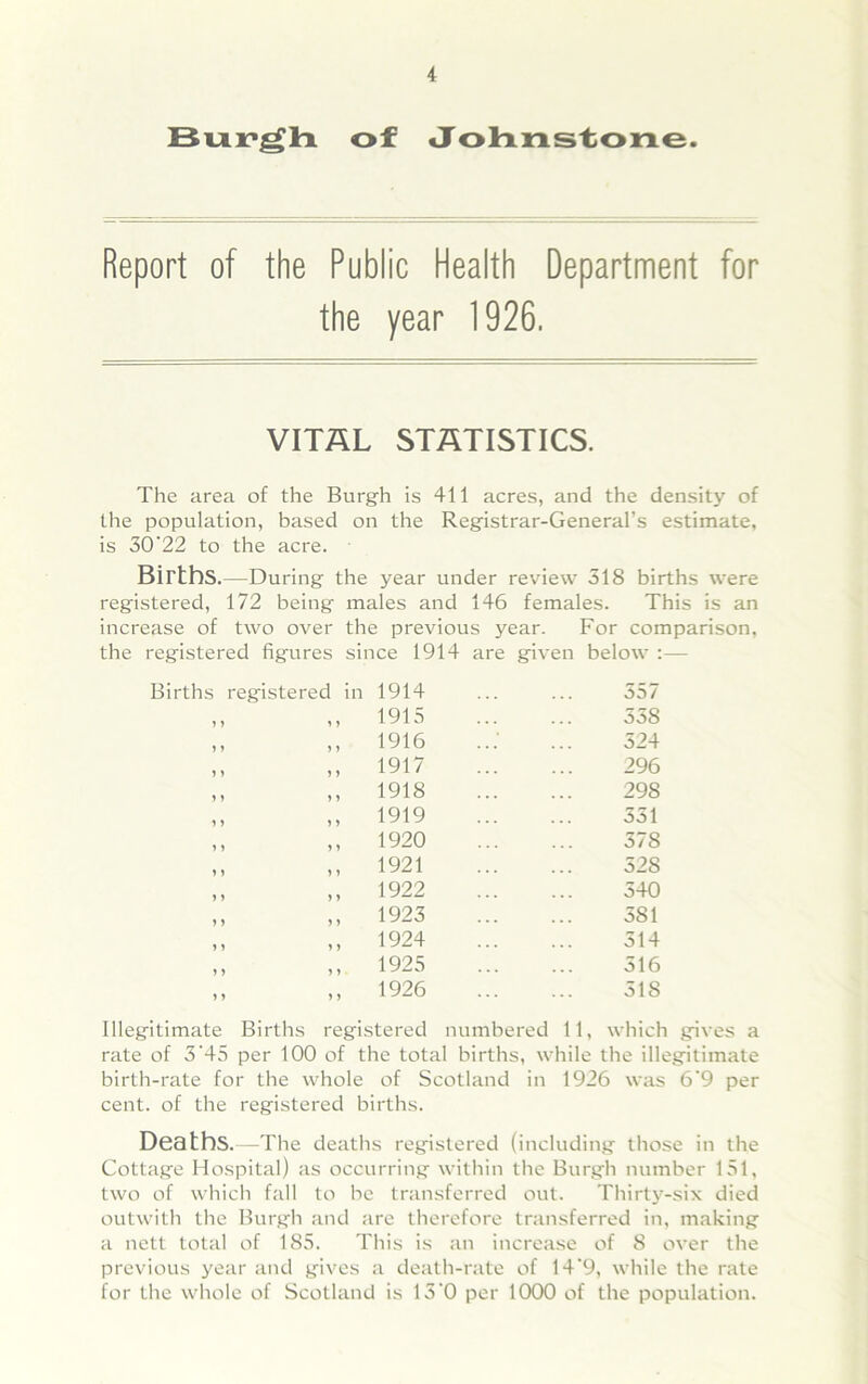 Burgh of Johnstone. Report of the Public Health Department for the year 1926. VITAL STATISTICS. The area of the Burgh is 411 acres, and the density of the population, based on the Registrar-General’s estimate, is 30'22 to the acre. Births.—During the year under review 318 births were registered, 172 being males and 146 females. This is an increase of two over the previous year. For comparison, the registered figures since 1914 are given below :— Births registered in 1914 ... ... 357 ,, ,, 1915 ... ... 338 ,, ,, 1916 ..: ... 324 ,, ,, 1917 296 ,, ,, 1918 298 ,, ,, 1919 331 ,, ,, 1920 37S ,, ,, 1921 528 ,, ,, 1922 540 ,, ,, 1923 581 ,, ,, 1924 314 ,, ,, 1925 ... ... 516 ,, ,, 1926 518 Illegitimate Births registered numbered 11, which gives a rate of 3'45 per 100 of the total births, while the illegitimate birth-rate for the whole of Scotland in 1926 was 6'9 per cent, of the registered births. Deaths.—The deaths registered (including those in the Cottage Hospital) as occurring within the Burgh number 151, two of which fall to he transferred out. Thirty-six died outwith the Burgh and are therefore transferred in, making a nett total of 185. This is an increase of 8 over the previous year and gives a death-rate of 14'9, while the rate for the whole of Scotland is 15'0 per 1000 of the population.