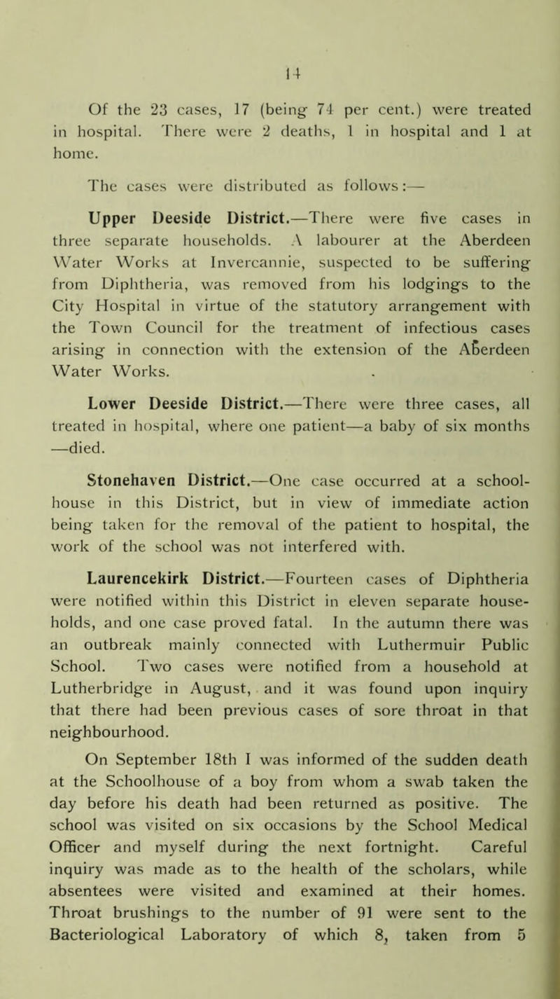 Of the 23 cases, 17 (being 74 per cent.) were treated in hospital. There were 2 deaths, 1 in hospital and 1 at home. The cases were distributed as follows:— Upper Deeside District.—There were five cases in three separate households. A labourer at the Aberdeen Water Works at Invercannie, suspected to be suffering from Diphtheria, was removed from his lodgings to the City Hospital in virtue of the statutory arrangement with the Town Council for the treatment of infectious cases arising in connection with the extension of the Aberdeen Water Works. Lower Deeside District.—There were three cases, all treated in hospital, where one patient—a baby of six months —died. Stonehaven District.—One case occurred at a school- house in this District, but in view of immediate action being taken for the removal of the patient to hospital, the work of the school was not interfered with. Laurencekirk District.—Fourteen cases of Diphtheria were notified within this District in eleven separate house- holds, and one case proved fatal. In the autumn there was an outbreak mainly connected with Luthermuir Public School. Two cases were notified from a household at Lutherbridge in August, and it was found upon inquiry that there had been previous cases of sore throat in that neighbourhood. On September 18th I was informed of the sudden death at the Schoolhouse of a boy from whom a swab taken the day before his death had been returned as positive. The school was visited on six occasions by the School Medical Officer and myself during the next fortnight. Careful inquiry was made as to the health of the scholars, while absentees were visited and examined at their homes. Throat brushings to the number of 91 were sent to the Bacteriological Laboratory of which 8, taken from 5