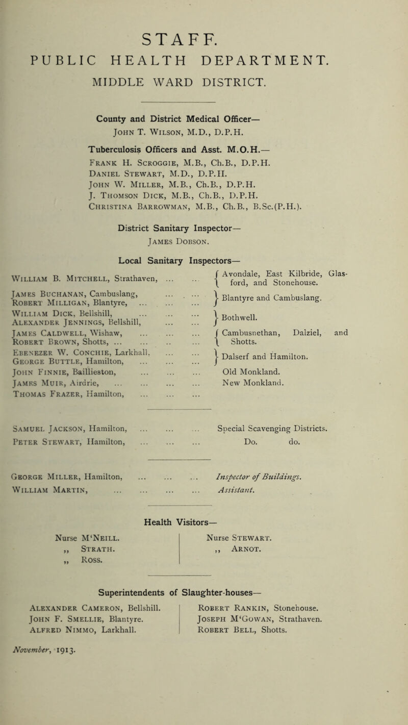 PUBLIC HEALTH DEPARTMENT. MIDDLE WARD DISTRICT. County and District Medical Officer— John T. Wilson, M.D., D.P.H. Tuberculosis Officers and Asst. M.O.H.— Frank H. Scroggie, M.B., Ch.B., D.P.H. Daniel Stewart, M.D., D.P.II. John W. Miller, M.B., Ch.B., D.P.H. J. Thomson Dick, M.B., Ch.B., D.P.H. Christina Barrowman, M.B., Ch.B., B.Sc.(P.H.). District Sanitary Inspector— James Dobson. Local Sanitary Inspectors— J Avondale, East Kilbride, Glas- \ ford, and Stonehouse. j- Blantyre and Cambuslang. j- Bothwell. J Cambusnethan, Dalziel, and \ Shotts. j- Dalserf and Hamilton. Old Monkland. New Monkland. William B. Mitchell, Strathaven, James Buchanan, Cambuslang, Robert Milligan, Blantyre, William Dick, Bellshill, Alexander Jennings, Bellshill, James Caldwell, Wishaw, Robert Brown, Shotts, ... Ebenezer W. Conchie, Larkhall, George Buttle, Hamilton, John Finnie, Baillieston, James Muir, Airdrie, Thomas Frazer, Hamilton, Samuel Jackson, Hamilton, ... ... ... Special Scavenging Districts. Peter Stewart, Hamilton, ... Do. do. George Miller, Hamilton, ... ... ... Inspector of Buildings. William Martin, Assistant. Nurse M‘Neill. ,, Strath. „ Ross. Health Visitors— Nurse Stewart. ,, Arnot. Superintendents of Slaughter-houses— Alexander Cameron, Bellshill. John F. Smellie, Blantyre. Alfred Nimmo, Larkhall. Robert Rankin, Stonehouse. Joseph M‘Gowan, Strathaven. Robert Bell, Shotts. November, 1913.