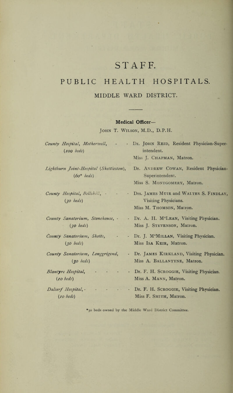 PUBLIC HEALTH HOSPITALS. MIDDLE WARD DISTRICT. Medical Officer— John T. Wilson, M.D., D.P.H. County Hospital, Motherwell, (100 beds) Lightburn Joint-Hospital (Skettles ton), (60* beds) County Hospital, Bellshill- {jo beds) County Sanatorium, Stonehouse, - (jo beds) County Sanatorium, Shotts, {jo beds) County Sanatorium, Longgrigend, {jo beds) Blantyre Hospital, {10 beds) Dalserf Hospital, - {10 beds) Dr. John Reid, Resident Physician-Super- intendent. Miss J. Chapman, Matron. Dr. Andrew Cowan, Resident Physician- Superintendent. Miss S. Montgomery, Matron. Drs. James Muir and Walter S. Findlay, Visiting Physicians. Miss M. Thomson, Matron. Dr. A. II. M'Lean, Visiting Physician. Miss J. Stevenson, Matron. Dr. J. M'Millan, Visiting Physician. Miss Isa Keir, Matron. Dr. James Kirkland, Visiting Physician. Miss A. Ballantyne, Matron. Dr. F. H. Scroggie, Visiting Physician, Miss A. Mann, Matron. Dr. F. H. Scroggie, Visiting Physician. Miss F. Smith, Matron. '30 beds owned by the Middle Ward District Committee.