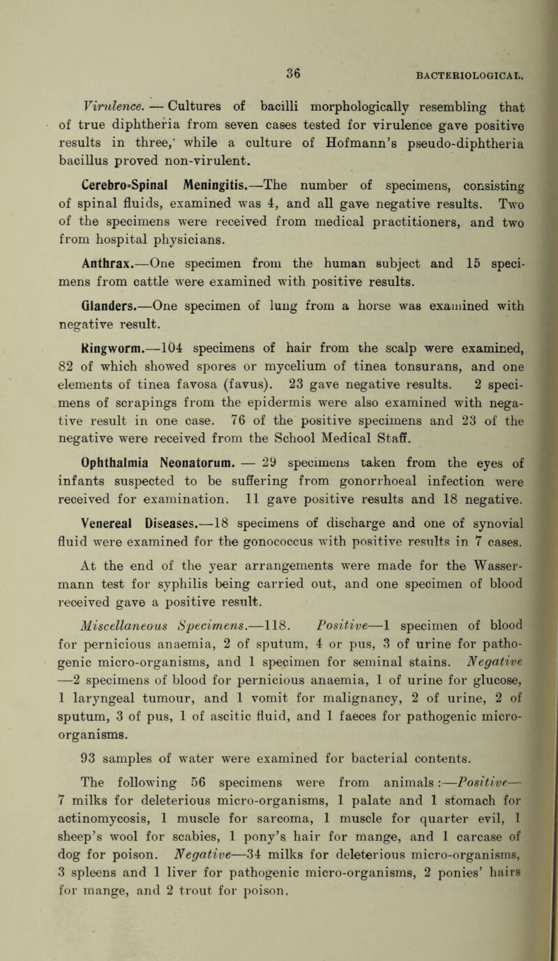 Virulence. — Cultures of bacilli morphologically resembling that of true diphtheria from seven cases tested for virulence gave positive results in three,' while a culture of Hofmann’s pseudo-diphtheria bacillus proved non-virulent. Cerebro=Spinal Meningitis.—The number of specimens, consisting of spinal fluids, examined was 4, and all gave negative results. Two of the specimens were received from medical practitioners, and two from hospital physicians. Anthrax.—One specimen from the human subject and 15 speci- mens from cattle were examined with positive results. Glanders.—One specimen of lung from a horse was examined with negative result. Ringworm.—104 specimens of hair from the scalp were examined, 82 of which showed spores or mycelium of tinea tonsurans, and one elements of tinea favosa (favus). 23 gave negative results. 2 speci- mens of scrapings from the epidermis were also examined with nega- tive result in one case. 76 of the positive specimens and 23 of the negative were received from the School Medical Staff. Ophthalmia Neonatorum. — 29 specimens taken from the eyes of infants suspected to be suffering from gonorrhoeal infection were received for examination. 11 gave positive results and 18 negative. Venereal Diseases.—18 specimens of discharge and one of synovial fluid were examined for the gonococcus with positive results in 7 cases. At the end of the year arrangements were made for the Wasser- mann test for syphilis being carried out, and one specimen of blood received gave a positive result. Miscellaneous Specimens.—118. Positive—1 specimen of blood for pernicious anaemia, 2 of sputum, 4 or pus, 3 of urine for patho- genic micro-organisms, and 1 specimen for seminal stains. Negative —2 specimens of blood for pernicious anaemia, 1 of urine for glucose, 1 laryngeal tumour, and 1 vomit for malignancy, 2 of urine, 2 of sputum, 3 of pus, 1 of ascitic fluid, and 1 faeces for pathogenic micro- organisms. 93 samples of water were examined for bacterial contents. The following 56 specimens wrere from animals:—Positive— 7 milks for deleterious micro-organisms, 1 palate and 1 stomach for actinomycosis, 1 muscle for sarcoma, 1 muscle for quarter evil, 1 sheep’s wool for scabies, 1 pony’s hair for mange, and 1 carcase of dog for poison. Negative—34 milks for deleterious micro-organisms, 3 spleens and 1 liver for pathogenic micro-organisms, 2 ponies’ hairs for mange, and 2 trout for poison.