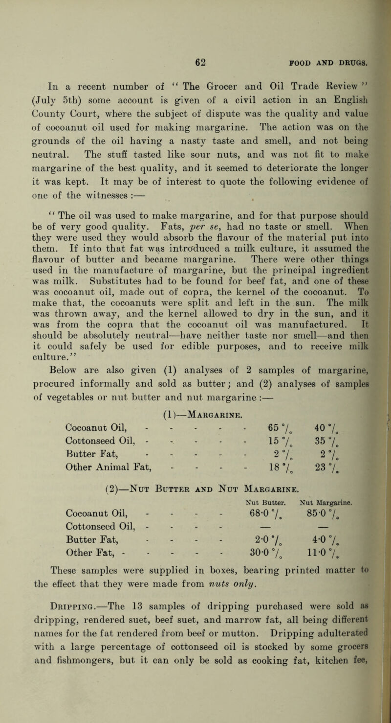 In a recent number of “ The Grocer and Oil Trade Review ” (July 5th) some account is given of a civil action in an English County Court, where the subject of dispute was the quality and value of cocoanut oil used for making margarine. The action was on the grounds of the oil having a nasty taste and smell, and not being neutral. The stuff tasted like sour nuts, and was not fit to make margarine of the best quality, and it seemed to deteriorate the longer it was kept. It may be of interest to quote the following evidence of one of the witnesses :— “ The oil was used to make margarine, and for that purpose should be of very good quality. Fats, per se, had no taste or smell. When they were used they would absorb the flavour of the material put into them. If into that fat was introduced a milk culture, it assumed the flavour of butter and became margarine. There were other things used in the manufacture of margarine, but the principal ingredient was milk. Substitutes had to be found for beef fat, and one of these was cocoanut oil, made out of copra, the kernel of the cocoanut. To make that, the cocoanuts were split and left in the sun. The milk was thrown away, and the kernel allowed to dry in the sun, and it was from the copra that the cocoanut oil was manufactured. It should be absolutely neutral—have neither taste nor smell—and then it could safely be used for edible purposes, and to receive milk culture. ’ * Below are also given (1) analyses of 2 samples of margarine, procured informally and sold as butter; and (2) analyses of samples of vegetables or nut butter and nut margarine:— (1)—Margarine. Cocoanut Oil, 65 40 7. Cottonseed Oil, - • - 15 •/. 35 7. Butter Fat, 2 7 2 7. Other Animal Fat, is v! 23 7. (2)—Nut Butter and Nut Margarine. Nut Butter. Nut Margarine. Cocoanut Oil, 68-0 7. 85-0 7. Cottonseed Oil, - — Butter Fat, 2-0 7. 4-0 7. Other Fat, - 30-0 7 n-0 7. These samples were supplied in boxes, bearing printed matter to the effect that they were made from nuts only. Dripping.—The 13 samples of dripping purchased were sold as dripping, rendered suet, beef suet, and marrow fat, all being different names for the fat rendered from beef or mutton. Dripping adulterated with a large percentage of cottonseed oil is stocked by some grocers and fishmongers, but it can only be sold as cooking fat, kitchen fee,