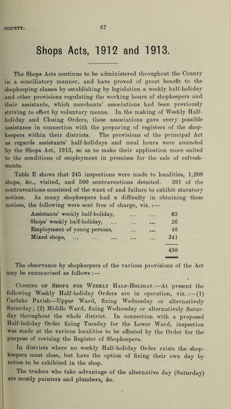 Shops Acts, 1912 and 1913. The Shops Acts continue to be administered throughout the County in a conciliatory manner, and have proved of great benefit to the shopkeeping classes by establishing by legislation a weekly half-holiday and other provisions regulating the working hours of shopkeepers and their assistants, which merchants’ associations had been previously striving to effect by voluntary means. In the making of Weekly Half- holiday and Closing Orders, these associations gave every possible assistance in connection with the preparing of registers of the shop- keepers within their districts. The provisions of the principal Act as regards assistants’ half-holidays and meal hours were amended by the Shops Act, 1913, so as to make their application more suited to the conditions of employment in premises for the sale of refresh- ments. Table E shows that 245 inspections were made to localities, 1,209 &c., visited, and 500 contraventions detected. 391 of the contraventions consisted of the want of and failure to exhibit statutory notices. As many shopkeepers had a difficulty in obtaining these notices, the following were sent free of charge, viz. :— Assistants’ weekly half-holiday, ... ... 83 Shops’weekly half-holiday, ... ... ... 26 Employment of young persons, ... ... 48 Mixed shops, ... ... ... ... ... 341 498 The observance by shopkeepers of the various provisions of the Act may be summarised as follows :— Closing of Shops for Weekly Half-Holiday.—At present the following Weekly Half-holiday Orders are in operation, viz. :—(1) Carluke Parish—Upper Ward, fixing Wednesday or alternatively Saturday; (2) Middle Ward, fixing Wednesday or alternatively Satur- day throughout the whole district. In connection with a proposed Half-holiday Order fixing Tuesday for the Lower Ward, inspection was made at the various localities to be affected by the Order for the purpose of revising the Register of Shopkeepers. In districts where no weekly Half-holiday Order exists the shop- keepers must close, but have the option of fixing their own day by notice to be exhibited in the shop. The traders who take advantage of the alternative day (Saturday) are mostly painters and plumbers, &c.