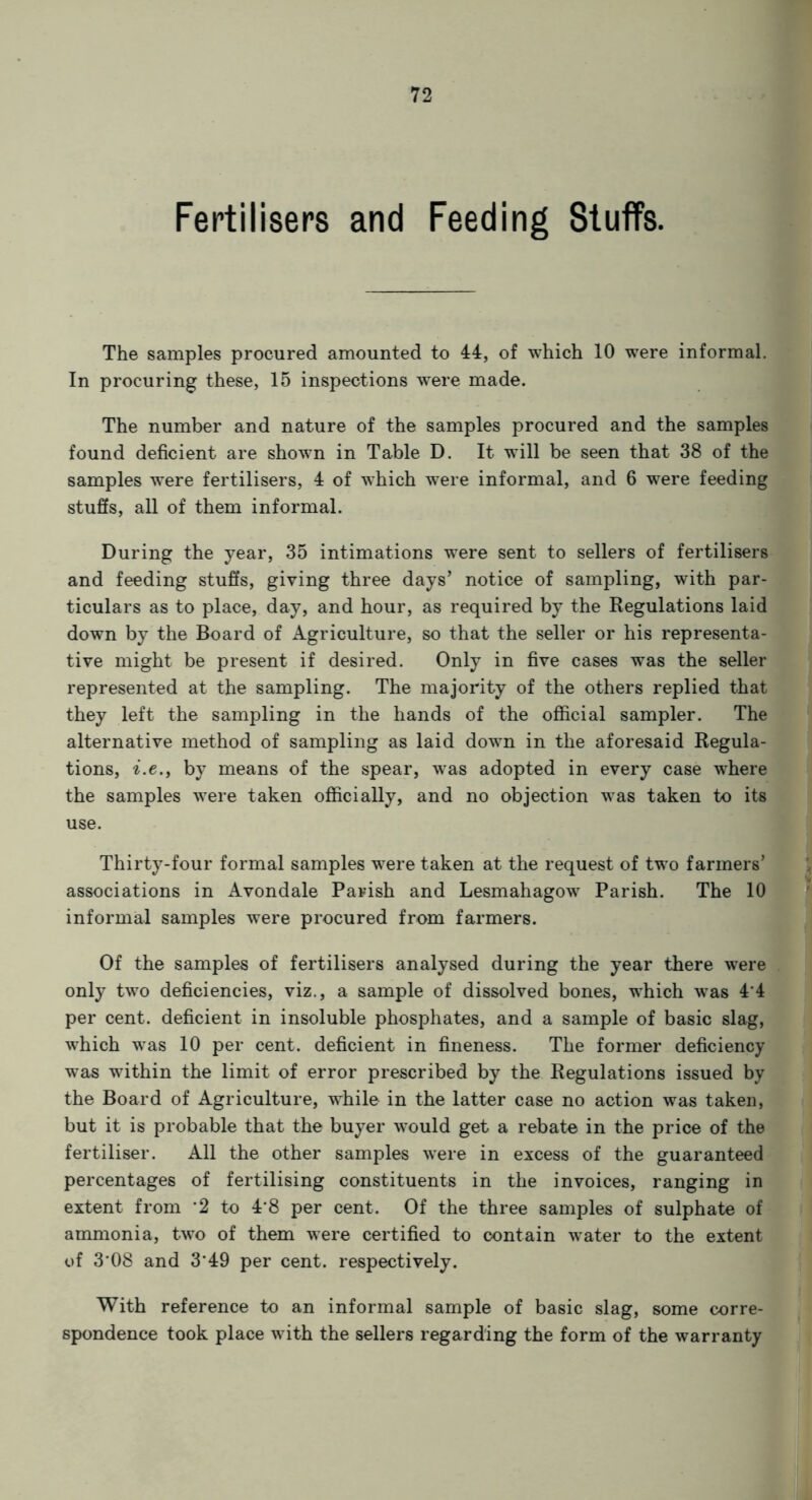 Fertilisers and Feeding Stuffs. The samples procured amounted to 44, of which 10 were informal. In procuring these, 15 inspections were made. The number and nature of the samples procured and the samples found deficient are shown in Table D. It will be seen that 38 of the samples were fertilisers, 4 of which were informal, and 6 were feeding stuffs, all of them informal. During the year, 35 intimations were sent to sellers of fertilisers and feeding stuffs, giving three days’ notice of sampling, with par- ticulars as to place, day, and hour, as required by the Regulations laid down by the Board of Agriculture, so that the seller or his representa- tive might be present if desired. Only in five cases was the seller represented at the sampling. The majority of the others replied that they left the sampling in the hands of the official sampler. The alternative method of sampling as laid down in the aforesaid Regula- tions, i.e., by means of the spear, was adopted in every case where the samples were taken officially, and no objection was taken to its use. Thirty-four formal samples were taken at the request of two farmers’ associations in Avondale Parish and Lesmahagow Parish. The 10 informal samples were procured from farmers. Of the samples of fertilisers analysed during the year there were only two deficiencies, viz., a sample of dissolved bones, which was 4'4 per cent, deficient in insoluble phosphates, and a sample of basic slag, which was 10 per cent, deficient in fineness. The former deficiency was within the limit of error prescribed by the Regulations issued by the Board of Agriculture, while in the latter case no action was taken, but it is probable that the buyer would get a rebate in the price of the fertiliser. All the other samples were in excess of the guaranteed percentages of fertilising constituents in the invoices, ranging in extent from *2 to 48 per cent. Of the three samples of sulphate of ammonia, two of them were certified to contain water to the extent of 3'08 and 3’49 per cent, respectively. With reference to an informal sample of basic slag, some corre- spondence took place with the sellers regarding the form of the warranty