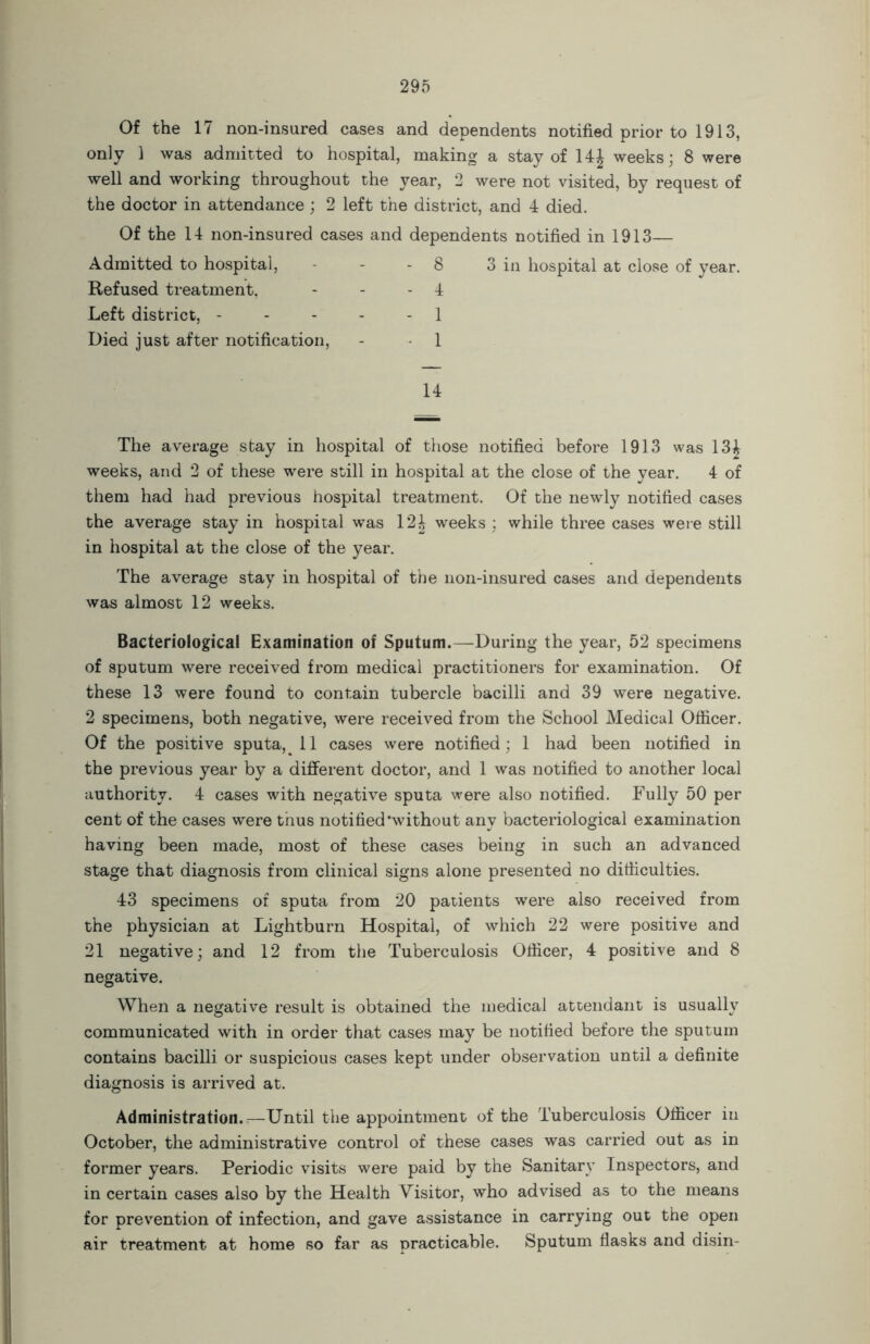 Of the 17 non-insured cases and dependents notified prior to 1913, only 1 was admitted to hospital, making a stay of 14J weeks; 8 were well and working throughout the year, 2 were not visited, by request of the doctor in attendance ; 2 left the district, and 4 died. Of the 14 non-insured cases and dependents notified in 1913— Admitted to hospital, Refused treatment, Left district, - Died just after notification, 8 3 in hospital at close of year. 4 1 1 14 The average stay in hospital of those notified before 1913 was 13£ weeks, and 2 of these were still in hospital at the close of the year. 4 of them had had previous hospital treatment. Of the newly notified cases the average stay in hospital was 124 weeks ; while three cases were still in hospital at the close of the year. The average stay in hospital of the lion-insured cases and dependents was almost 12 weeks. Bacteriological Examination of Sputum.—During the year, 52 specimens of sputum were received from medical practitioners for examination. Of these 13 were found to contain tubercle bacilli and 39 were negative. 2 specimens, both negative, were received from the School Medical Officer. Of the positive sputa,. 11 cases were notified ; 1 had been notified in the previous year by a different doctor, and 1 was notified to another local authority. 4 cases with negative sputa were also notified. Fully 50 per cent of the cases were thus notified’without any bacteriological examination having been made, most of these cases being in such an advanced stage that diagnosis from clinical signs alone presented no difficulties. 43 specimens of sputa from 20 patients were also received from the physician at Lightburn Hospital, of which 22 were positive and 21 negative; and 12 from the Tuberculosis Officer, 4 positive and 8 negative. When a negative result is obtained the medical attendant is usually communicated with in order that cases may be notified before the sputum contains bacilli or suspicious cases kept under observation until a definite diagnosis is arrived at. Administration. 7—Until the appointment of the Tuberculosis Officer in October, the administrative control of these cases was carried out as in former years. Periodic visits were paid by the Sanitary Inspectors, and in certain cases also by the Health Visitor, who advised as to the means for prevention of infection, and gave assistance in carrying out the open air treatment at home so far as practicable. Sputum flasks and disin-