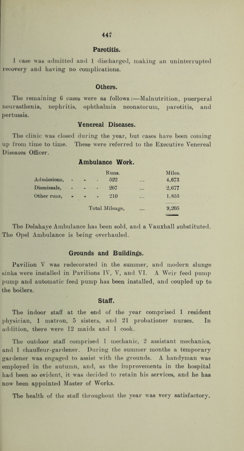 Parotitis. 1 case was admitted and 1 discharged, making an uninterrupted recovery and having no complications. Others. The remaining 6 cases were as follows:—Malnutrition, puerperal neurasthenia, nephritis, ophthalmia neonatorum, parotitis, and pertussis. Venereal Diseases. The clinic was closed during the year, but cases have been coming up from time to time. These were referred to the Executive Venereal Diseases Officer. Ambulance Work. Duns. Miles. Admissions, 522 4,673 Dismissals, 207 2,677 Other runs, 210 1,855 Total Mileage, 9,205 The Delahaye Ambulance has been sold, and a Vauxhall substituted. The Opel Ambulance is being overhauled. Grounds and Buildings. Pavilion V was redecorated in the summer, and modern slunge sinks were installed in Pavilions IV, V, and VI. A Weir feed pump pump and automatic feed pump has been installed, and coupled up to the boilers. Staff. The indoor staff at the end of the year comprised 1 resident physician, 1 matron, 5 sisters, and 21 probationer nurses. In addition, there wrere 12 maids and 1 cook. The outdoor staff comprised 1 mechanic, 2 assistant mechanics, and 1 chauffeur-gardener. During the summer months a temporary gardener was engaged to assist with the grounds. A handyman was employed in the autumn, and, as the improvements in the hospital had been so evident, it was decided to retain his services, and he has now been appointed Master of Works. The health of the staff throughout the year was very satisfactory.