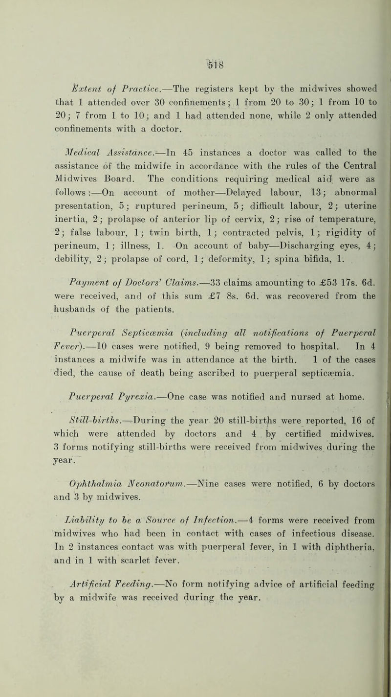 Extent of Practice.—The registers kept by the midwives showed that 1 attended over 30 confinements;, 1 from 20 to 30; 1 from 10 to 20; 7 from 1 to 10; and 1 had attended none, while 2 only attended confinements with a doctor. Medical Assistance.-—In 45 instances a doctor was called to the assistance of the midwife in accordance with the rules of the Central Midwives Board. The conditions requiring medical aid; wbre as follows:—On account of mother—Delayed labour, 13; abnormal presentation, 5; ruptured perineum, 5; difficult labour, 2; uterine inertia, 2; prolapse of anterior lip of cervix, 2; rise of temperature, 2'; false labour, 1; twin birth, 1; contracted pelvis, 1; rigidity of perineum, 1; illness, 1. On account of baby—Discharging eyes, 4; debility, 2; prolapse of cord, 1; deformity, 1; spina bifida, 1. Payment of Doctors' Claims.—33 claims amounting to £53 17s. 6d. were received, and of this sum £7 8s. 6d. was recovered from the husbands of the patients. Puerperal Septiccemia (including all notifications of Puerperal Fever).—10 cases were notified, 9 being removed to hospital. In 4 instances a midwife was in attendance at the birth. 1 of the cases died, the cause of death being ascribed to puerperal septicaemia. Puerperal Pyrexia.—One case was notified and nursed at home. Still-births.—During the year 20 still-births were reported, 16 of which were attended by doctors and 4 by certified midwives. 3 forms notifying still-births were received from midwives during the year. Ophthalmia Neonatoihim.—Nine cases were notified, 6 by doctors and 3 by midwives. Liability to be a Source of Infection.—4 forms were received from midwives who had been in contact with cases of infectious disease. In 2 instances contact was with puerperal fever, in 1 with diphtheria, and in 1 with scarlet fever. Artificial Feeding.—No form notifying advice of artificial feeding by a midwife was received during the year.