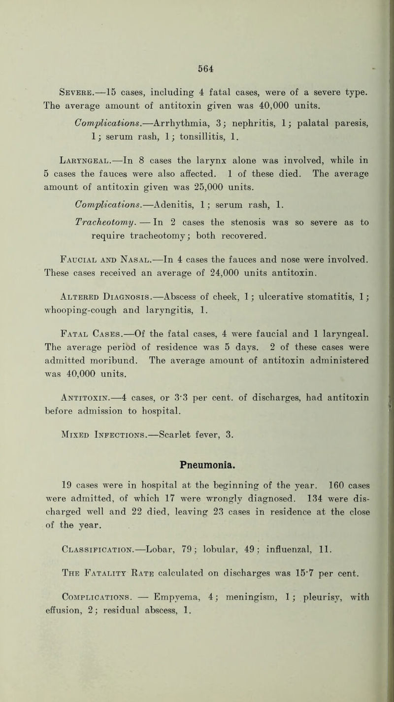 Severe.—15 cases, including 4 fatal cases, were of a severe type. The average amount of antitoxin given was 40,000 units. Complications.—Arrhythmia, 3; nephritis, 1; palatal paresis, 1; serum rash, 1; tonsillitis, 1. Laryngeal.—In 8 cases the larynx alone was involved, while in 5 cases the fauces were also affected. 1 of these died. The average amount of antitoxin given was 25,000 units. Complications.—Adenitis, 1; serum rash, 1. Tracheotomy. — In 2 cases the stenosis was so severe as to require tracheotomy; both recovered. Faucial and Nasal.—In 4 cases the fauces and nose were involved. These cases received an average of 24,000 units antitoxin. Altered Diagnosis.—Abscess of cheek, 1; ulcerative stomatitis, 1; whooping-cough and laryngitis, 1. Fatal Cases.—Of the fatal cases, 4 were faucial and 1 laryngeal. The average period of residence was 5 days. 2 of these cases were admitted moribund. The average amount of antitoxin administered was 40,000 units. Antitoxin.—4 cases, or 3’3 per cent, of discharges, had antitoxin before admission to hospital. Mixed Infections.—Scarlet fever, 3. Pneumonia. 19 cases were in hospital at the beginning of the year. 160 cases were admitted, of which 17 were wrongly diagnosed. 134 were dis- charged well and 22 died, leaving 23 cases in residence at the close of the year. Classification.—Lobar, 79; lobular, 49; influenzal, 11. The Fatality Rate calculated on discharges was 15*7 per cent. Complications. — Empyema, 4; meningism, 1; pleurisy, with effusion, 2; residual abscess, 1.