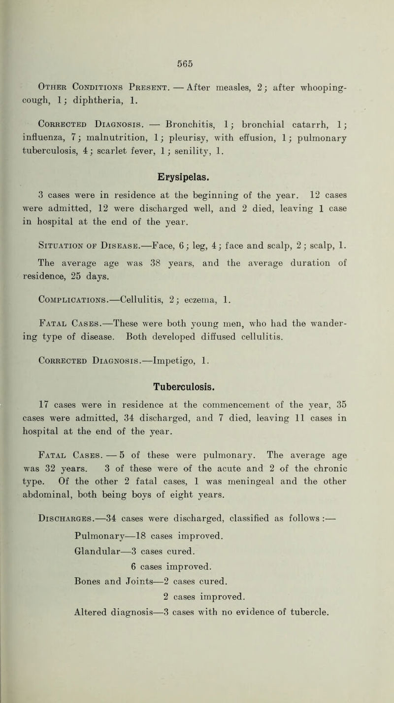 Other Conditions Present.—After measles, 2; after whooping- cough, 1; diphtheria, 1. Corrected Diagnosis. — Bronchitis, 1; bronchial catarrh, 1; influenza, 7; malnutrition, 1; pleurisy, with effusion, 1; pulmonary tuberculosis, 4; scarlet fever, 1; senility, 1. Erysipelas. 3 cases were in residence at the beginning of the year. 12 cases were admitted, 12 were discharged well, and 2 died, leaving 1 case in hospital at the end of the year. Situation of Disease.—Face, 6; leg, 4; face and scalp, 2; scalp, 1. The average age was 38 years, and the average duration of residence, 25 days. Complications.—Cellulitis, 2; eczema, 1. Fatal Cases.—These were both young men, who had the wander- ing type of disease. Both developed diffused cellulitis. Corrected Diagnosis.—Impetigo, 1. Tuberculosis. 17 cases were in residence at the commencement of the year, 35 cases were admitted, 34 discharged, and 7 died, leaving 11 cases in hospital at the end of the year. Fatal Cases. — 5 of these were pulmonary. The average age was 32 years. 3 of these were of the acute and 2 of the chronic type. Of the other 2 fatal cases, 1 was meningeal and the other abdominal, both being boys of eight years. Discharges.—34 cases were discharged, classified as follows :— Pulmonary—18 cases improved. Glandular—3 cases cured. 6 cases improved. Bones and Joints—2 cases cured. 2 cases improved. Altered diagnosis—3 cases with no evidence of tubercle.