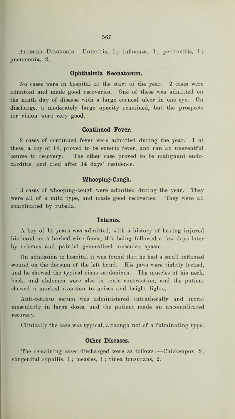 Altered Diagnosis.—Enteritis, 1; influenza, 1; peritonitis, 1; pneumonia, 2. Ophthalmia Neonatorum. No cases were in hospital at the start of the year. 2 cases were admitted and made good recoveries. One of these was admitted on the ninth day of disease with a large corneal ulcer in one eye. On discharge, a moderately large opacity remained, but the prospects for vision were very good. Continued Fever. 2 cases of continued fever were admitted during the year. 1 of these, a boy of 14, proved to be enteric fever, and ran an uneventful course to recovery. The other case proved to be malignant endo- carditis, and died after 14 days’ residence. Whooping-Cough. 3 cases of whooping-cough were admitted during the year. They were all of a mild type, and made good recoveries. They were all complicated by rubella. Tetanus. A boy of 14 years was admitted, with a history of having injured his hand on a barbed-wire fence, this being followed a few days later by trismus and painful generalised muscular spasm. On admission to hospital it was found that he had a small inflamed wound on the dorsum of the left hand. His jaws were tightly locked, and he showed the typical risus sardonicus. The muscles of his neck, back, and abdomen were also in tonic contraction, and the patient showed a marked aversion to noises and bright lights. Anti-tetanus serum was administered intrathecally and intra- muscularly in large doses, and the patient made an uncomplicated recovery. Clinically the case was typical, although not of a fulminating type. Other Diseases. The remaining cases discharged were as follows :—Chickenpox, 2; congenital syphilis, 1; measles, 1; tinea tonsurans, 2.