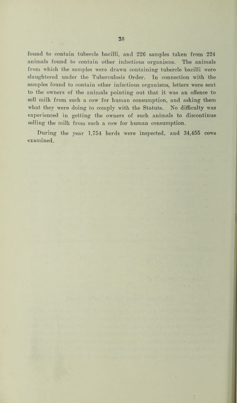 found to contain tubercle bacilli, and 226 samples taken from 224 animals found to contain other infectious organisms. The animals from which the samples were drawn containing tubercle bacilli were slaughtered under the Tuberculosis Order. In connection with the samples found to contain other infectious organisms, letters were sent to the owners of the animals pointing out that it was an offence to sell milk from such a cow for human consumption, and asking them what they were doing to comply with the Statute. No difficulty was experienced in getting the owners of such animals to discontinue selling the milk from such a cow for human consumption. During the year 1,754 herds were inspected, and 34,455 cows examined.