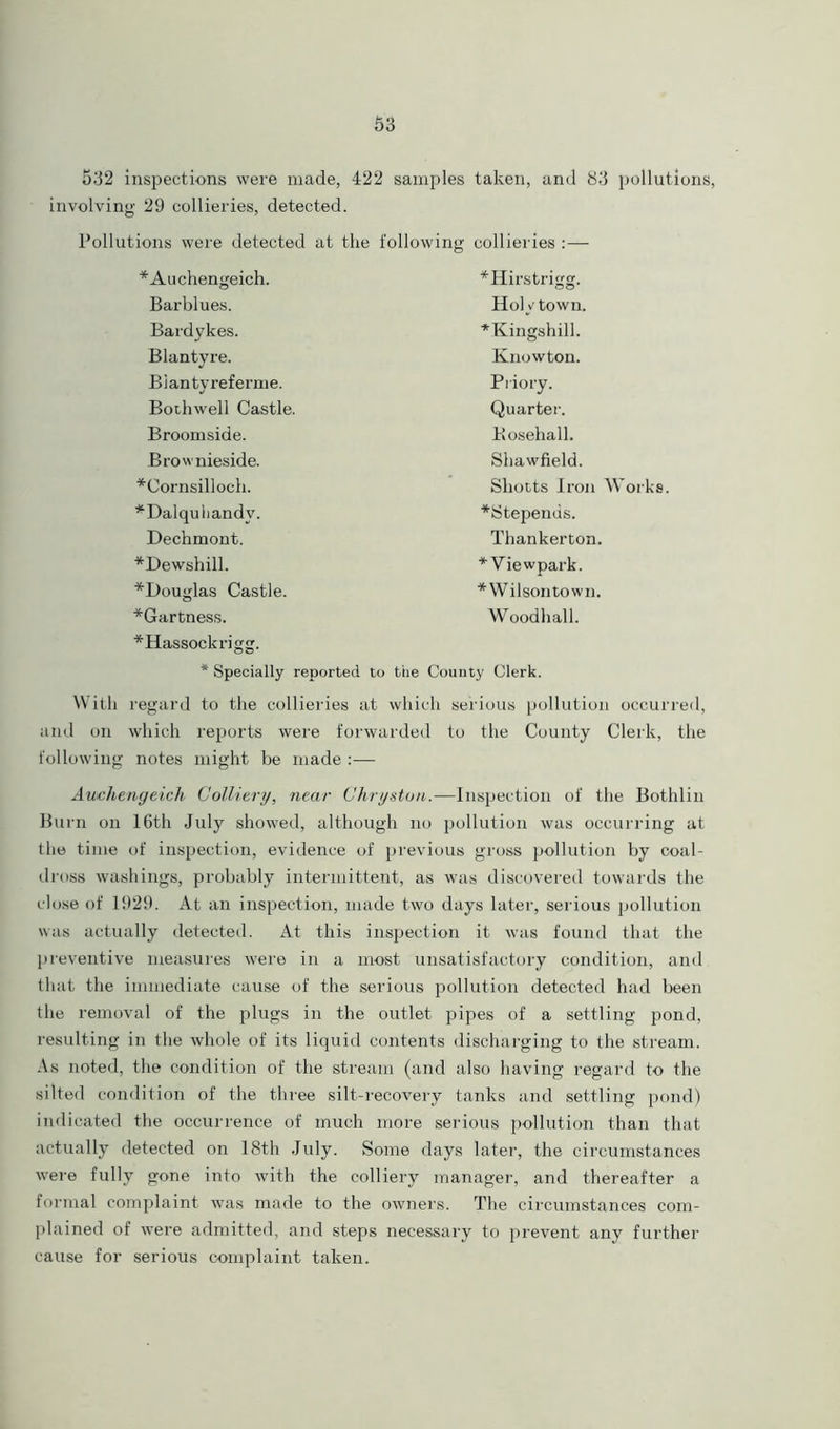 532 inspections were made, 422 samples taken, and 83 pollutions, involving 29 collieries, detected. Pollutions were detected at the following collieries : — *Auchengeich. Barblues. Bardykes. Blantyre. Biantyreferme. Bothwell Castle. Broomside. Brownieside. *Cornsilloch. *Dalquiiandv. Dechmont. *Dewshill. *Douglas Castle. *Gartness. *Hassockrigg. * Specially reported *Hirstrigg. oo Holy town. *Kingshill. Knowton. Priory. Quarter. Kosehall. Shawfield. Sliotts Iron Works. *Stepenus. Thankerton. *Viewpark. *Wilsontown. Woodhall. the Couuty Clerk. With regard to the collieries at which serious pollution occurred, and on which reports were forwarded to the County Clerk, the following notes might be made :— Awchengeich Colliery, near Chrystuu.—Inspection of the Bothlin Burn on 16th July showed, although no pollution was occurring at the time of inspection, evidence of previous gross pollution by coal- dross washings, probably intermittent, as was discovered towards the close of 1929. At an inspection, made two days later, serious pollution was actually detected. At this inspection it was found that the preventive measures were in a most unsatisfactory condition, and that the immediate cause of the serious pollution detected had been the removal of the plugs in the outlet pipes of a settling pond, resulting in the whole of its liquid contents discharging to the stream. As noted, the condition of the stream (and also having regard to the silted condition of the three silt-recovery tanks and settling pond) indicated the occurrence of much more serious pollution than that actually detected on 18th July. Some days later, the circumstances were fully gone into with the colliery manager, and thereafter a formal complaint was made to the owners. The circumstances com- plained of were admitted, and steps necessary to prevent any further cause for serious complaint taken.