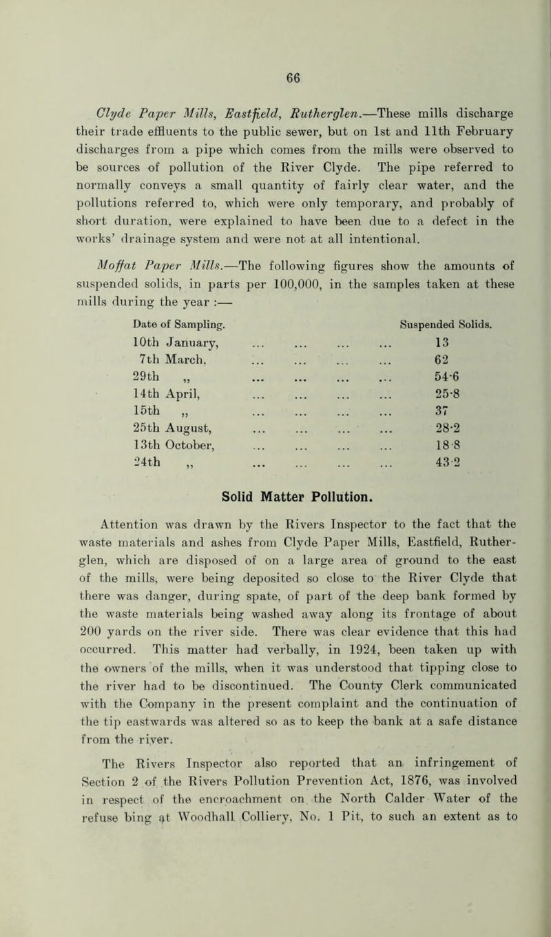 Clyde Paper Mills, Eastfield, Rutherglen.—These mills discharge their trade effluents to the public sewer, but on 1st and 11th February discharges from a pipe which comes from the mills were observed to be sources of pollution of the River Clyde. The pipe referred to normally conveys a small quantity of fairly clear water, and the pollutions referred to, which were only temporary, and probably of short duration, were explained to have been due to a defect in the works’ drainage system and were not at all intentional. Moffat Paper Mills.—The following figures show the amounts of suspended solids, in parts per 100,000, in the samples taken at these mills during the year :— Date of Sampling. 10th January, 7th March, 29th 1J 14th April, 15th „ 25th August, 13 th October, 24th „ Suspended Solids. 13 62 54-6 25-8 37 28-2 18 8 43 2 Solid Matter Pollution. Attention was drawn by the Rivers Inspector to the fact that the waste materials and ashes from Clyde Paper Mills, Eastfield, Ruther- glen, which are disposed of on a large area of ground to the east of the mills, were being deposited so close to the River Clyde that there was danger, during spate, of part of the deep bank formed by the waste materials being washed away along its frontage of about 200 yards on the river side. There was clear evidence that this had occurred. This matter had verbally, in 1924, been taken up with the owners of the mills, when it was understood that tipping close to the river had to lie discontinued. The County Clerk communicated with the Company in the present complaint and the continuation of the tip eastwards was altered so as to keep the bank at a safe distance from the river. The Rivers Inspector also reported that an infringement of Section 2 of the Rivers Pollution Prevention Act, 1876, was involved in respect of the encroachment on the North Calder Water of the refuse bing at Woodhall Colliery, No. 1 Pit, to such an extent as to