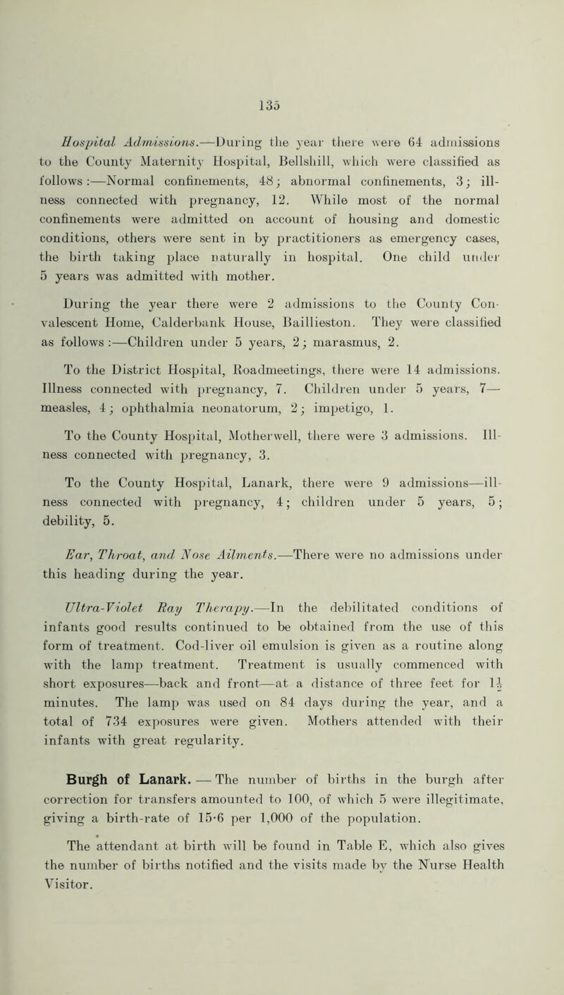 Hospital Admissions.—During the year there were 64 admissions to the County Maternity Hospital, Bellshill, which were classified as follows:—Normal confinements, 48; abnormal confinements, 3; ill- ness connected with pregnancy, 12. While most of the normal confinements were admitted on account of housing and domestic conditions, others were sent in by practitioners as emergency cases, the birth taking place naturally in hospital. One child under 5 years was admitted with mother. During the year there were 2 admissions to the County Con- valescent Home, Calderbank House, Baillieston. They were classified as follows:—Children under 5 years, 2; marasmus, 2. To the District Hospital, Roadmeetings, there were 14 admissions. Illness connected with pregnancy, 7. Children under 5 years, 7— measles, 4; ophthalmia neonatorum, 2; impetigo, 1. To the County Hospital, Motherwell, there were 3 admissions. Ill- ness connected with pregnancy, 3. To the County Hospital, Lanark, there were 9 admissions—ill- ness connected with pregnancy, 4; children under 5 years, 5; debility, 5. Ear, Throat, and Nose Ailments.—There were no admissions under this heading during the year. Ultra-Violet Ray Therapy.—In the debilitated conditions of infants good results continued to be obtained from the use of this form of treatment. Cod-liver oil emulsion is given as a routine along with the lamp treatment. Treatment is usually commenced with short exposures—back and front—at a distance of three feet for 1-1 minutes. The lamp was used on 84 days during the year, and a total of 734 exposures were given. Mothers attended with their infants with great regularity. Burgh of Lanark. — The number of births in the burgh after correction for transfers amounted to 100, of which 5 were illegitimate, giving a birth-rate of 15-6 per 1,000 of the population. The attendant at birth will be found in Table E, which also gives the number of births notified and the visits made by the Nurse Health Visitor.