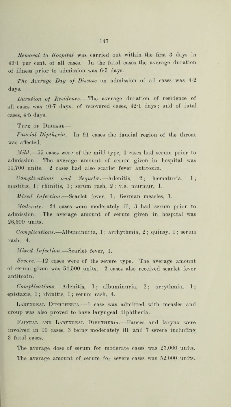 Removal to Hospital was carried out within the first 3 days in 49-1 per cent, of all cases. In the fatal cases the average duration of illness prior to admission was 6-5 days. The Average Day of Disease on admission of all cases was 4-2 days. Duration of Residence.—The average duration of residence of all cases was 40-7 days; of recovered cases, 42-1 days; and of fatal cases, 4-5 days. Type of Disease— Faucial Diptheria. In 91 cases the faucial region of the throat was affected. Mild.—55 cases were of the mild type, 4 cases had serum prior to admission. The average amount of serum given in hospital was 11,700 units. 2 cases had also scarlet fever antitoxin. Complications and Sequelae.—Adenitis, 2; haematuria, 1; mastitis, 1; rhinitis, 1; serum rash, 2; v.s. murmur, 1. Mixed Infection.—Scarlet fever, 1; German measles, 1. Moderate.—24 cases were moderately ill, 3 had serum prior to admission. The average amount of serum given in hospital was 26,500 units. Complications.—Albuminuria, 1 ; arrhythmia, 2 ; quinsy, 1 ; serum rash, 4. Mixed Infection.—Scarlet fever, 1. Severe.—12 cases were of the severe type. The average amount of serum given was 54,500 units. 2 cases also received scarlet fever antitoxin. Complications.—Adenitis, 1; albuminuria, 2; arrythmia, 1; epistaxis, 1; rhinitis, 1; serum rash, 4. Laryngeal Diphtheria.—1 case was admitted with measles and croup was also proved to have laryngeal diphtheria. Faucial and Labyngeal Diphtheria.—Fauces and larynx were involved in 10 cases, 3 being moderately ill, and 7 severe including 3 fatal cases. The average dose of serum for moderate cases was 23,000 units. The average amount of serum for severe cases was 52,000 units.