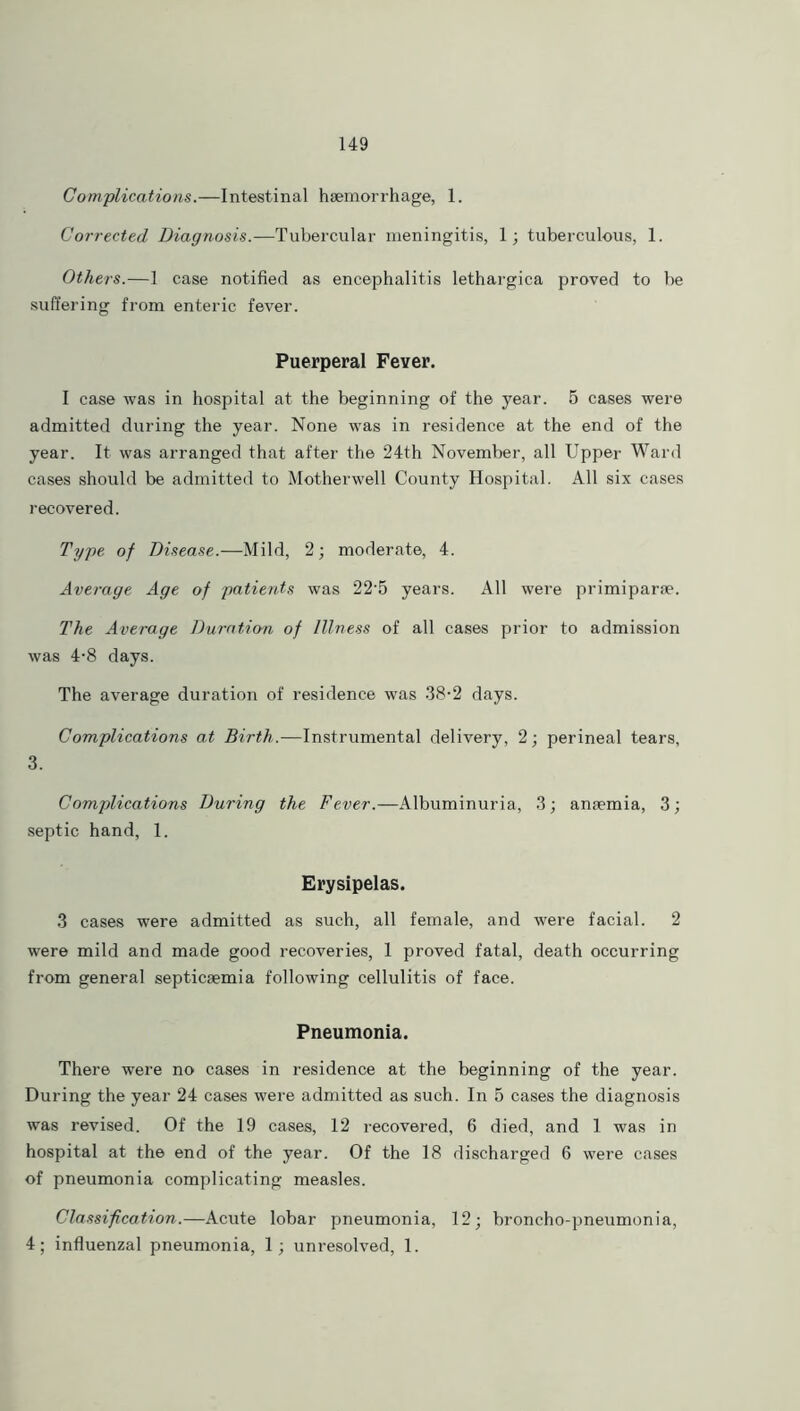Complications.—Intestinal haemorrhage, 1. Corrected Diagnosis.—Tubercular meningitis, 1; tuberculous, 1. Others.—1 case notified as encephalitis lethargica proved to he suffering from enteric fever. Puerperal Fever. I case was in hospital at the beginning of the year. 5 cases were admitted during the year. None was in residence at the end of the year. It was arranged that after the 24th November, all Upper Ward cases should be admitted to Motherwell County Hospital. All six cases recovered. Type of Disease.—Mild, 2; moderate, 4. Average Age of patients was 22‘5 years. All were primiparfe. The Average Duration of Illness of all cases prior to admission was 4-8 days. The average duration of residence was 38’2 days. Complications at Birth.—Instrumental delivery, 2; perineal tears, 3. Complications During the Fever.—Albuminuria, 3; anaemia, 3; septic hand, 1. Erysipelas. 3 cases were admitted as such, all female, and were facial. 2 were mild and made good recoveries, 1 proved fatal, death occurring from general septicaemia following cellulitis of face. Pneumonia. There were no cases in residence at the beginning of the year. During the year 24 cases were admitted as such. In 5 cases the diagnosis was revised. Of the 19 cases, 12 recovered, 6 died, and 1 was in hospital at the end of the year. Of the 18 discharged 6 were cases of pneumonia complicating measles. Classification.—Acute lobar pneumonia, 12; broncho-pneumonia, 4; influenzal pneumonia, 1; unresolved, 1.