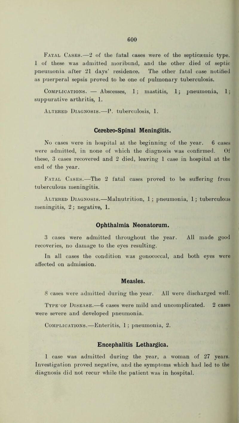 Fatal Cases.—2 of the fatal cases were of the septicaemic type. 1 of these was admitted moribund, and the other died of septic pneumonia after 21 days’ residence. The other fatal case notified as puerperal sepsis proved to be one of pulmonary tuberculosis. Complications. — Abscesses, 1; mastitis, 1; pneumonia, 1; suppurative arthritis, 1. Altered Diagnosis.—P. tuberculosis, 1. Cerebro-Spinal Meningitis. No cases were in hospital at the beginning of the year. 6 cases were admitted, in none of which the diagnosis was confirmed. Of these, 3 cases recovered and 2 died, leaving 1 case in hospital at the end of the year. Fatal Cases.—The 2 fatal cases proved to be suffering from tuberculous meningitis. Altered Diagnosis.—Malnutrition, 1; pneumonia, 1; tuberculous meningitis, 2; negative, 1. Ophthalmia Neonatorum. 3 cases were admitted throughout the year. All made good recoveries, no damage to the eyes resulting. In all cases the condition was gonococcal, and both eyes were affected on admission. Measles. 8 cases were admitted during the year. All were discharged well. Type of Disease.—6 cases were mild and uncomplicated. 2 cases were severe and developed pneumonia. Complications.—Enteritis, 1; pneumonia, 2. Encephalitis Lethargica. 1 case was admitted during the year, a woman of 27 years. Investigation proved negative, and the symptoms which had led to the diagnosis did not recur while the patient was in hospital. .