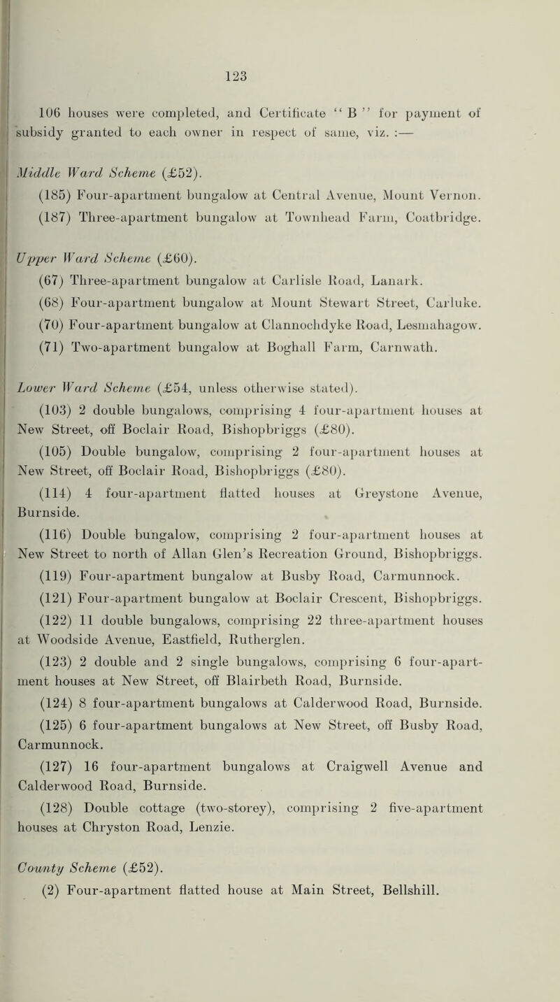 1U6 houses were completed, and Certificate “ B ” for payment of subsidy granted to each owner in respect of same, viz. :— Middle Ward Scheme (,£52). (185) Four-apartment bungalow at Central Avenue, Mount Vernon. (187) Three-apartment bungalow at Townhead Farm, Coatbridge. Upper Ward Scheme (£60). (67) Three-apartment bungalow at Carlisle Road, Lanark. (68) Four-apartment bungalow at Mount Stewart Street, Carluke. (70) Four-apartment bungalow at Clannochdyke Road, Lesmahagow. (71) Two-apartment bungalow at Boghall Farm, Carnwath. Lower Ward Scheme (£54, unless otherwise stated). (103) 2 double bungalows, comprising 4 four-apartment houses at New Street, off Boclair Road, Bishopbriggs (£80). (105) Double bungalow, comprising 2 four-apartment houses at New Street, off Boclair Road, Bishopbriggs (£80). (114) 4 four-apartment flatted houses at Greystone Avenue, Burnside. (116) Double bungalow, comprising 2 four-apartment houses at New Street to north of Allan Glen’s Recreation Ground, Bishopbriggs. (119) Four-apartment bungalow at Busby Road, Carmunnock. (121) Four-apartment bungalow at Boclair Crescent, Bishopbriggs. (122) 11 double bungalows, comprising 22 three-apartment houses at Woodside Avenue, Eastfield, Rutherglen. (123) 2 double and 2 single bungalows, comprising 6 four-apart- ment houses at New Street, off Blairbeth Road, Burnside. (124) 8 four-apartment bungalows at Calderwood Road, Burnside. (125) 6 four-apartment bungalows at New Street, off Busby Road, Carmunnock. (127) 16 four-apartment bungalows at Craigwell Avenue and Calderwood Road, Burnside. (128) Double cottage (two-storey), comprising 2 five-apartment houses at Chryston Road, Lenzie. County Scheme (£52). (2) Four-apartment flatted house at Main Street, Bellshill.