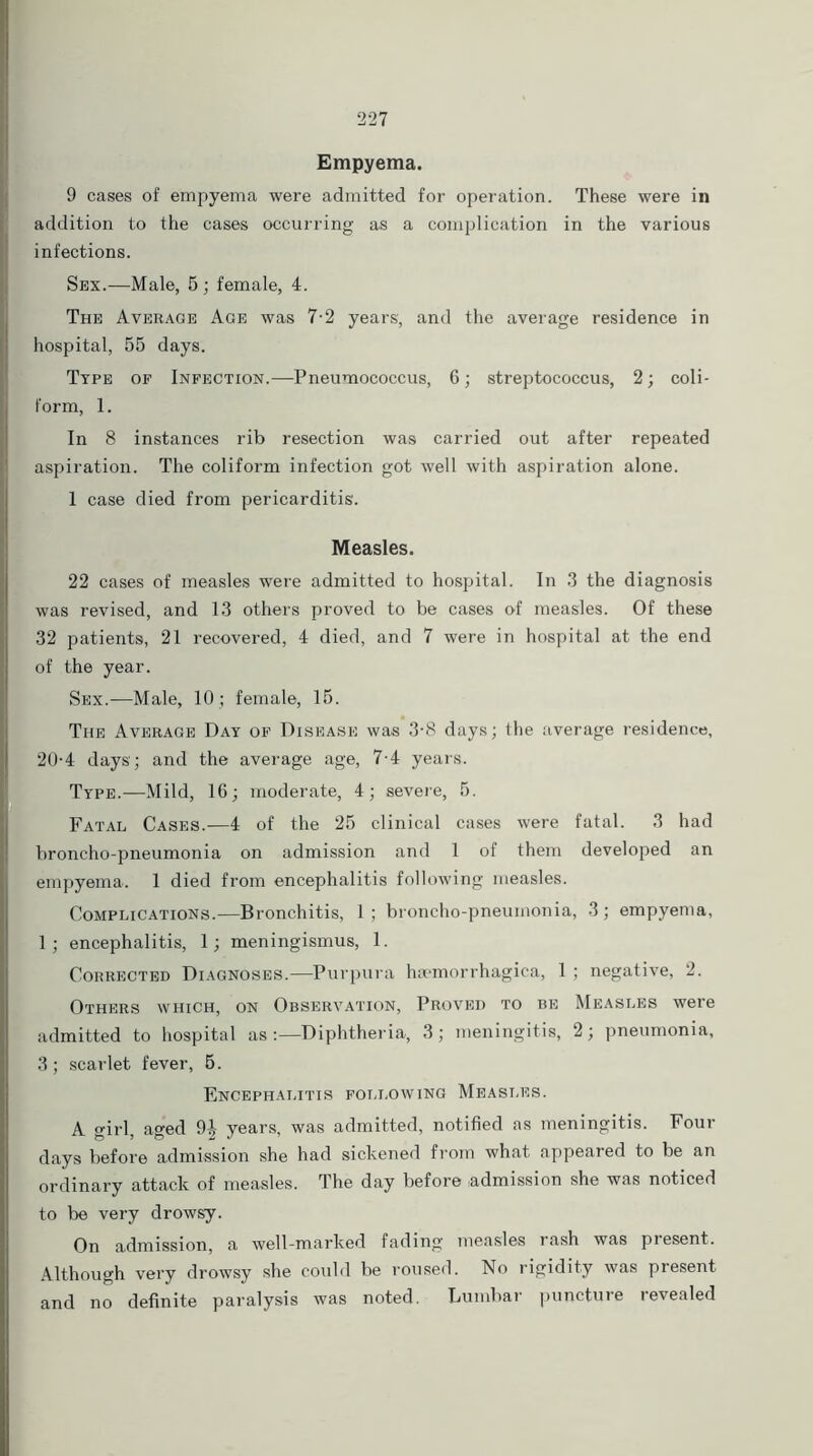 Empyema. 9 cases of empyema were admitted for operation. These were in addition to the cases occurring as a complication in the various infections. Sex.—Male, 5; female, 4. The Average Age was 7-2 years', and the average residence in hospital, 55 days. Type of Infection.—Pneumococcus, 6; streptococcus, 2; coli- form, 1. In 8 instances rib resection was carried out after repeated aspiration. The coliform infection got well with aspiration alone. 1 case died from pericarditis. Measles. 22 cases of measles were admitted to hospital. In 3 the diagnosis was revised, and 13 others proved to be cases of measles. Of these 32 patients, 21 recovered, 4 died, and 7 were in hospital at the end of the year. Sex.—Male, 10 ; female, 15. The Average Day of Disease was 3-8 days; the average residence, 20-4 days; and the average age, 7-4 years. Type.—Mild, 16; moderate, 4; severe, 5. Fatal Cases.—4 of the 25 clinical cases were fatal. 3 had broncho-pneumonia on admission and 1 of them developed an empyema. 1 died from encephalitis following measles. Complications.—Bronchitis, 1; broncho-pneumonia, 3; empyema, 1; encephalitis, 1; meningismus, 1. Corrected Diagnoses.—Purpura haemorrhagica, 1 ; negative, 2. Others which, on Observation, Proved to be Measles were admitted to hospital as:—Diphtheria, 3; meningitis, 2; pneumonia, 3 ; scarlet fever, 5. Encephalitis following Measles. A girl, aged 94 years, was admitted, notified as meningitis. Four days before admission she had sickened from what appeared to be an ordinary attack of measles. The day before admission she was noticed to be very drowsy. On admission, a well-marked fading measles rash was present. Although very drowsy she could be roused. No rigidity was present and no definite paralysis was noted. Lumbar puncture levealed