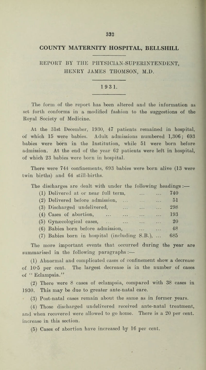 COUNTY MATERNITY HOSPITAL, BELLSHILL REPORT BY THE PHYSICIAN-SUPERINTENDENT, HENRY JAMES THOMSON, M.D. 193 1. The form of the report has been altered and the information as set forth conforms in a modified fashion to the suggestions of the Royal Society of Medicine. At the 31st December, 1930, 47 patients remained in hospital, of which 15 were babies. Adult admissions numbered 1,306; 693 babies were born in the Institution, while 51 were born before admission. At the end of the year 62 patients were left in hospital, of which 23 babies were born in hospital. There were 744 confinements, 693 babies were born alive (13 were twin births) and 64 still-births. The discharges are dealt with under the following headings :— (1) Delivered at or near full term, ... ... 740 (2) Delivered before admission, ... ... ... 51 (3) Discharged undelivered, ... ... ... 298 (4) Cases of abortion, ... ... ... ... 193 (5) Gynaecological cases, ... ... ... ... 20 (6) Babies born before admission, ... ... 48 (7) Babies born in hospital (including S.B.), ... 685 The more important events that occurred during the year are summarised in the following paragraphs':— (1) Abnormal and complicated cases of confinement show a decrease of 10-5 per cent. The largest decrease is in the number of cases of “ Eclampsia.” (2) There were 8 cases of eclampsia, compared with 38 cases in 1930. This may be due to greater ante-natal care. (3) Post-natal cases remain about the same as in former years. (4) Those discharged undelivered received ante-natal treatment, and when recovered were allowed to go home. There is a 20 per cent, increase in this section. (5) Cases of abortion have increased by 16 per cent.