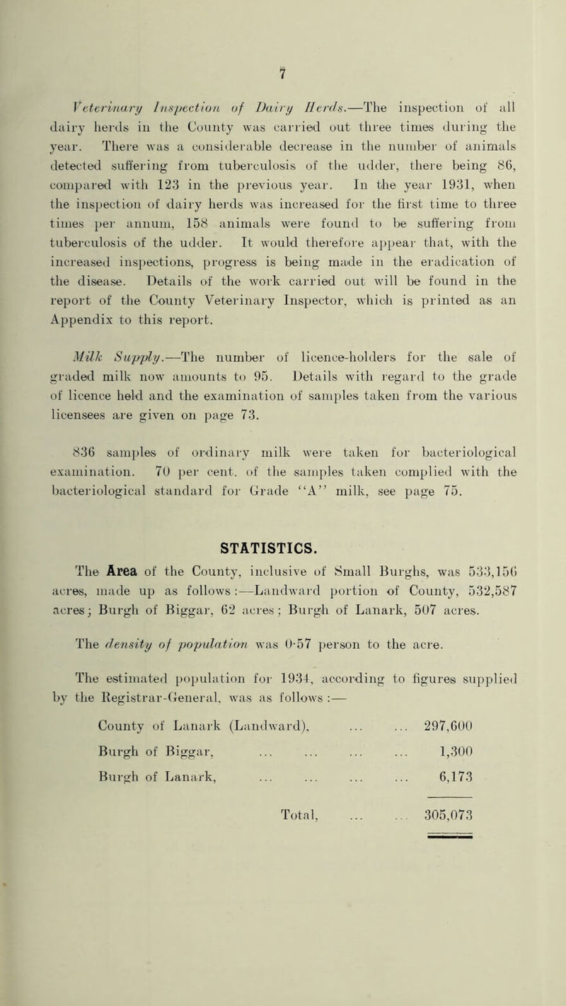 Veterinary Inspection of Dairy Herds.—The inspection of all dairy herds in the County was carried out three times during the year. There was a considerable decrease in the number of animals detected suffering from tuberculosis of the udder, there being 86, compared with 123 in the previous year. In the year 1931, when the inspection of dairy herds was increased for the first time to three times per annum, 158 animals were found to lje suffering from tuberculosis of the udder. It would therefore appear that, with the increased inspections, progress is being made in the eradication of the disease. Details of the work carried out will be found in the report of the County Veterinary Inspector, which is printed as an Appendix to this report. Milk Supply.—The number of licence-holders for the sale of graded milk now amounts to 95. Details with regard to the grade of licence held and the examination of samples taken from the various licensees are given on page 73. 836 samples of ordinary milk were taken for bacteriological examination. 70 per cent, of the samples taken complied with the bacteriological standard for Grade “A” milk, see page 75. STATISTICS. The Area of the County, inclusive of Small Burghs, was 533,156 acres, made up as follows:—Landward portion of County, 532,587 acres; Burgh of Biggar, 62 acres; Burgh of Lanark, 507 acres. The density of populatimi was 0-57 person to the acre. The estimated population for 1931, according to figures supplied by the Registrar-General, was as follows :— County of Lanark (Landward), ... ... 297,600 Burgh of Biggar, ... ... ... ... 1,300 Burgh of Lanark, ... ... ... ... 6,173 Total, 305,073